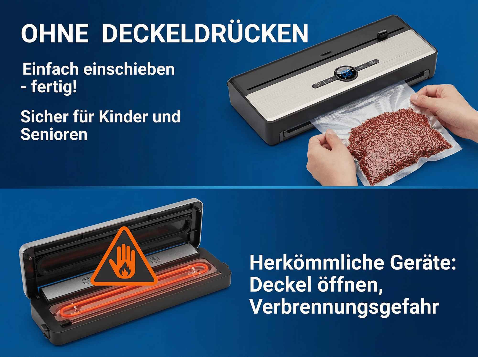 Vakuumierer: Oberseite ohne Deckel, Vakuumbeutel mit Inhalt.
