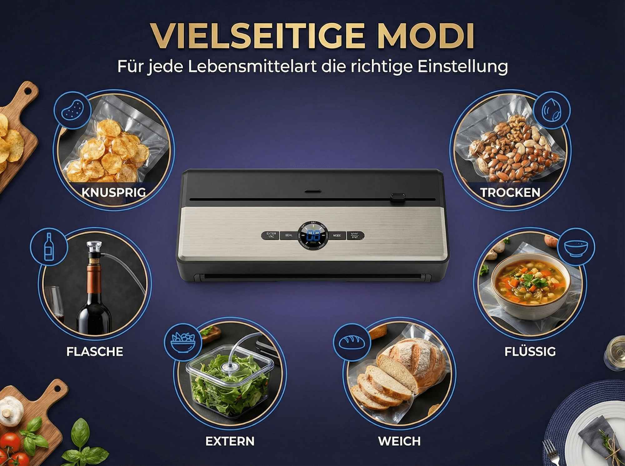 Vakuumierer mit 6 Modi: Chips, Nüsse, Flasche, Salat, Brot und Suppe.