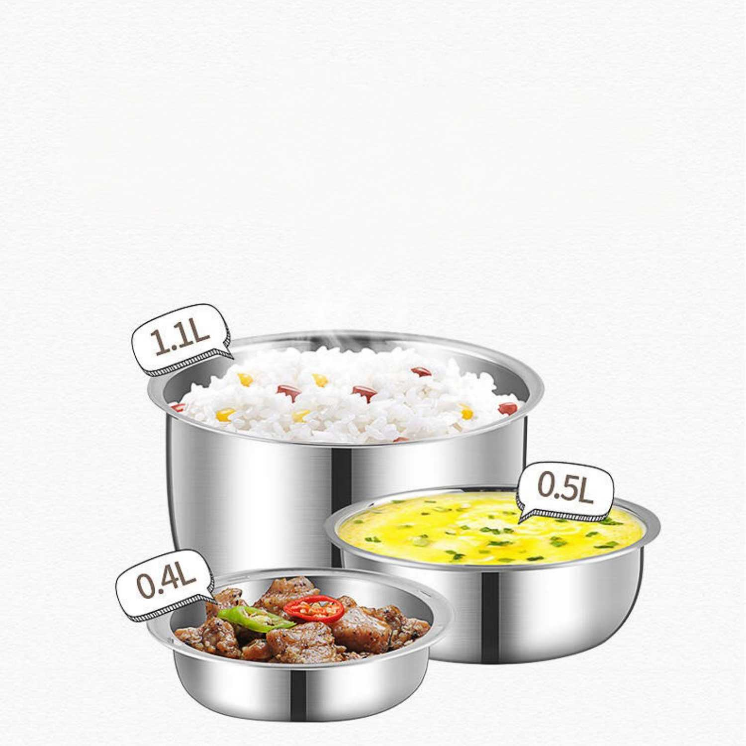 Drei Edelstahlschüsseln: Reis (1,1L), gelbe Suppe (0,5L) und Fleisch (0,4L).