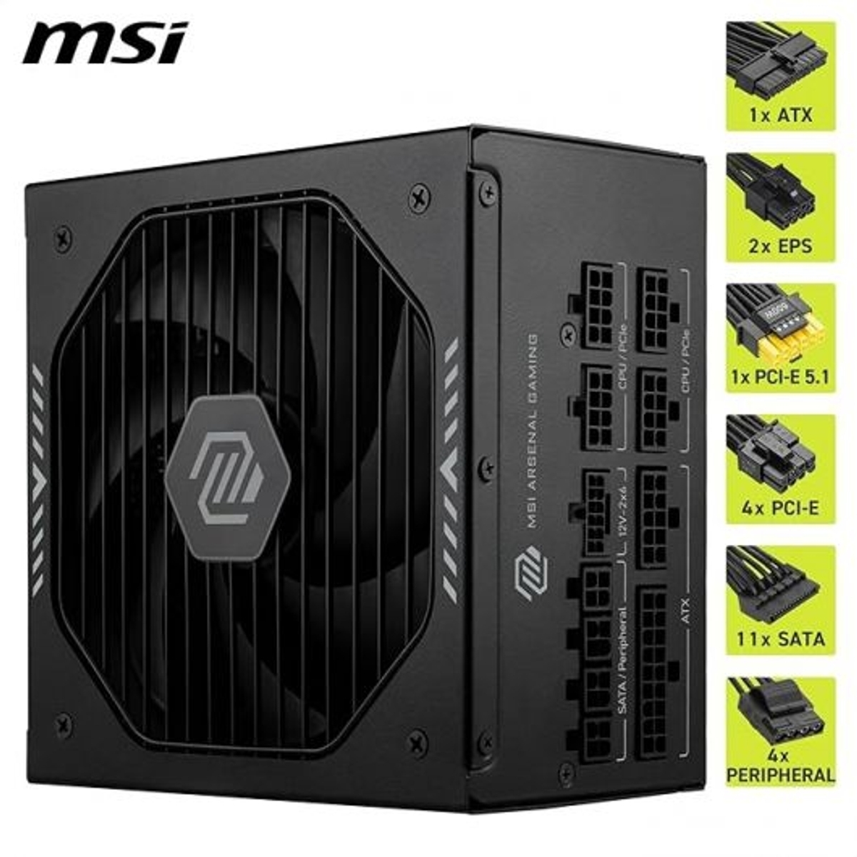 Black MSI power supply unit with fan and ports. Includes cables.
