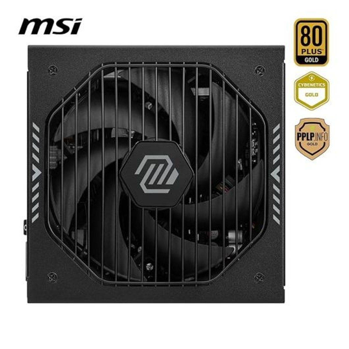 Black power supply unit with fan grille and MSI logo.