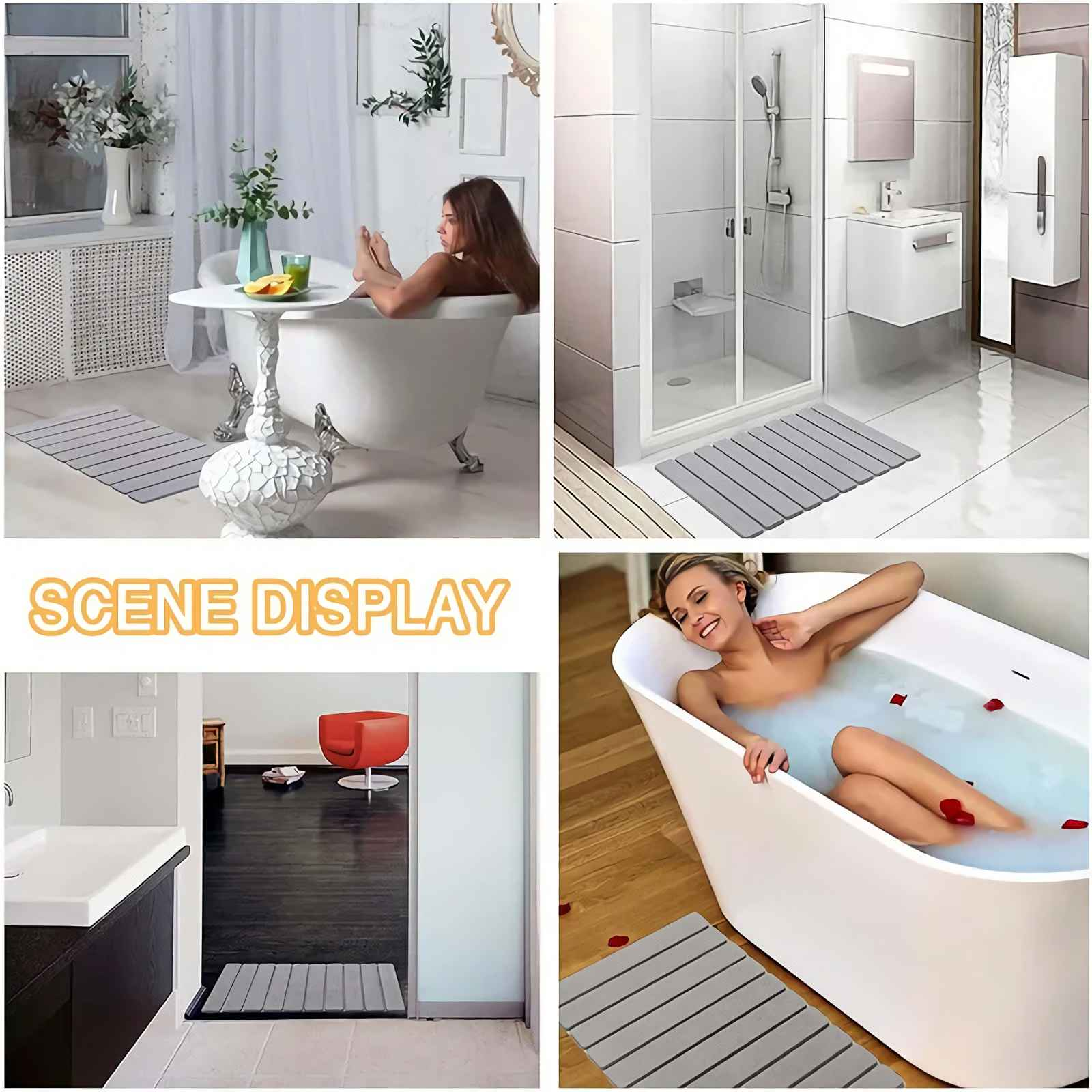Graue Matte vor einer Badewanne mit einer Frau.