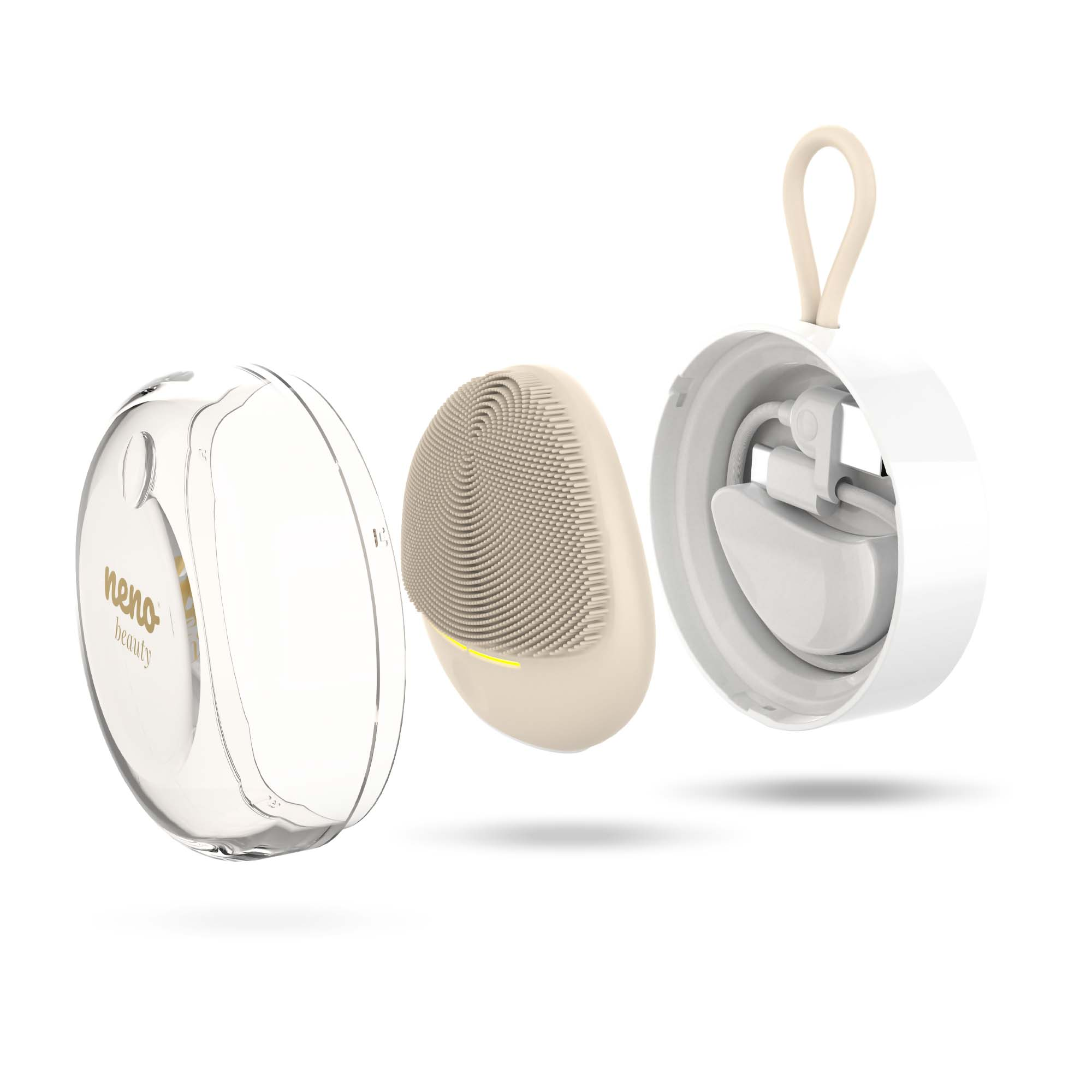 Urządzenie do oczyszczania twarzy z główką szczoteczki i bazą ładującą.