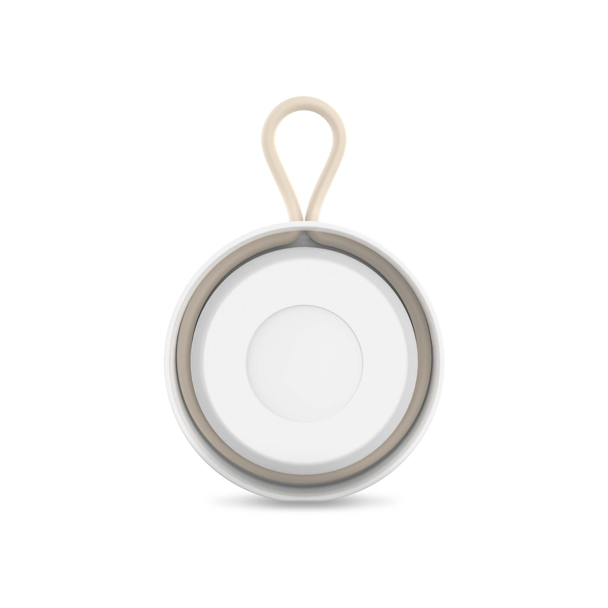 Biały, okrągły głośnik z beżową pętlą i beżowym pierścieniem.