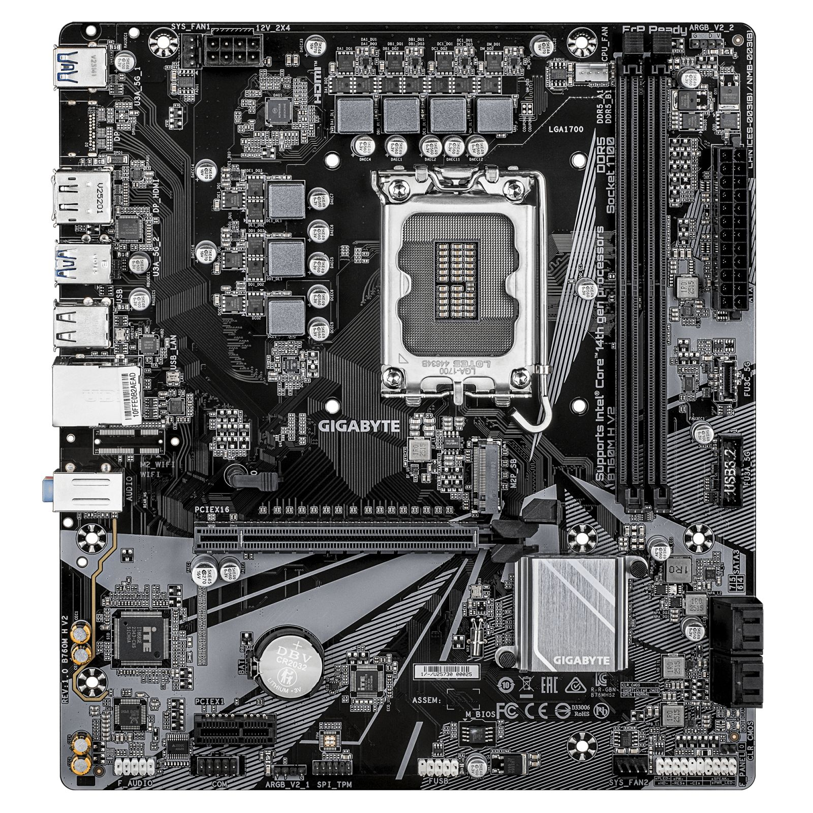 Black motherboard with silver CPU socket, ports, and heatsink.