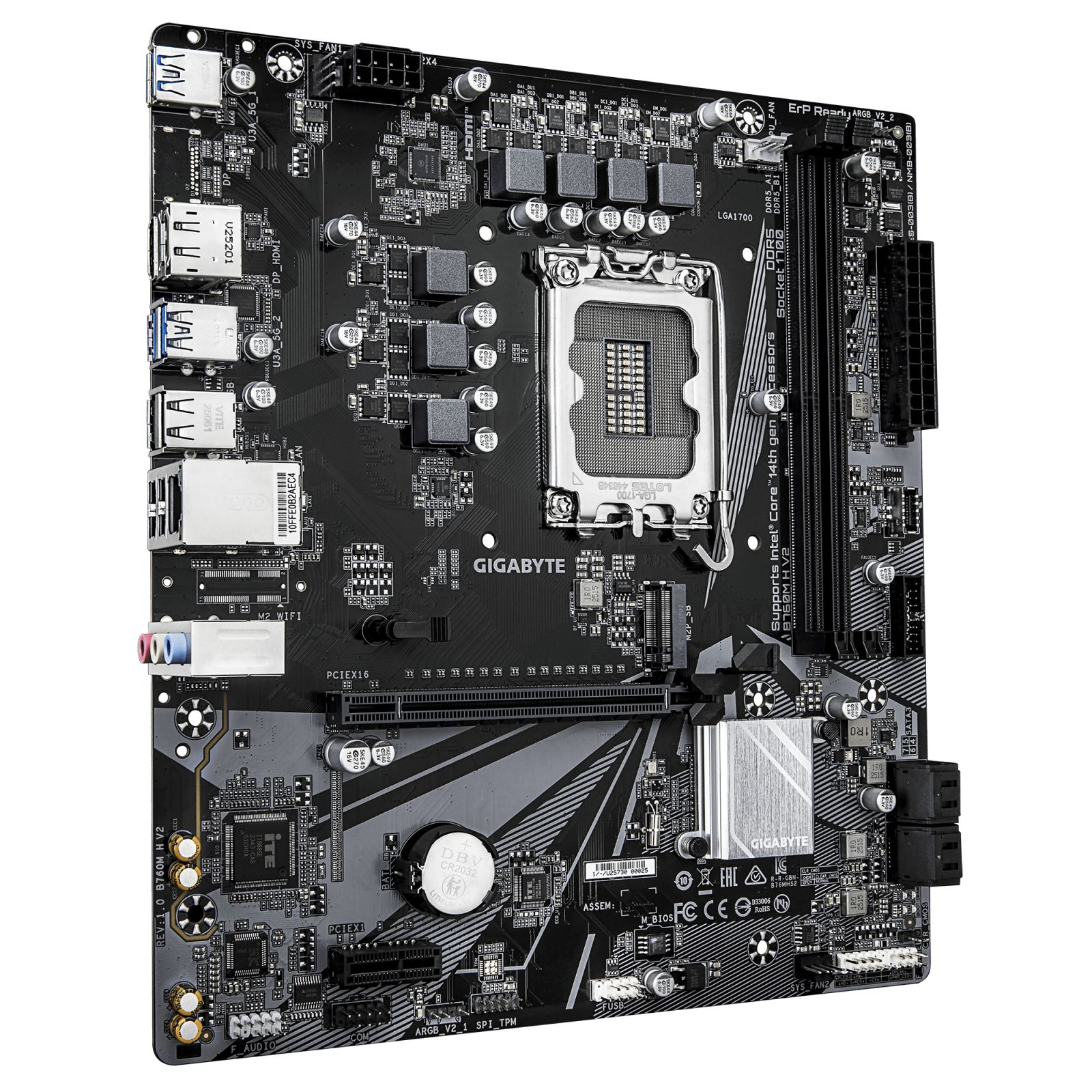 A black motherboard with CPU socket, RAM slots, and ports.
