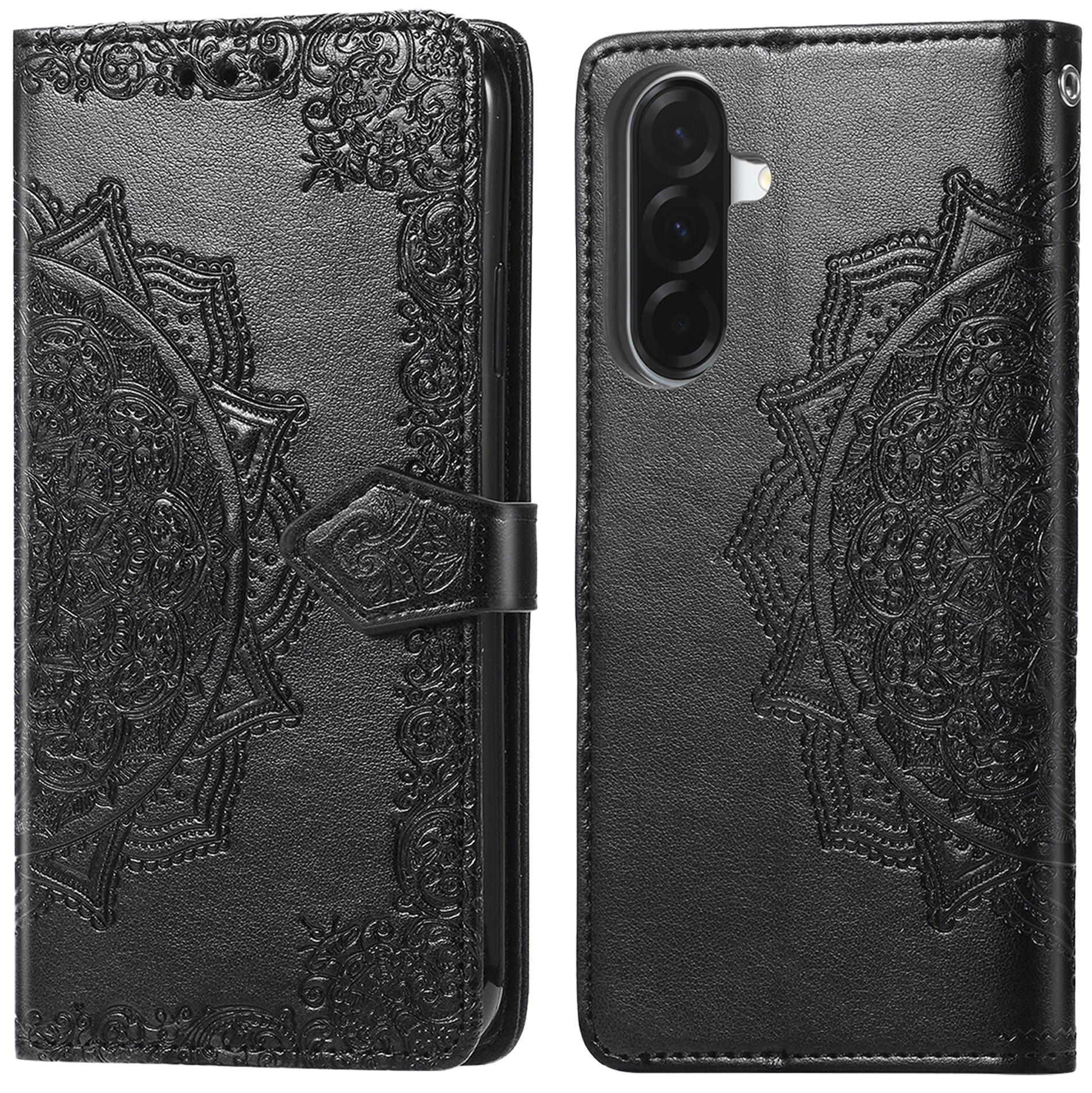 Zwarte telefoonhoes met mandala-patroon, open en gesloten weergaven.