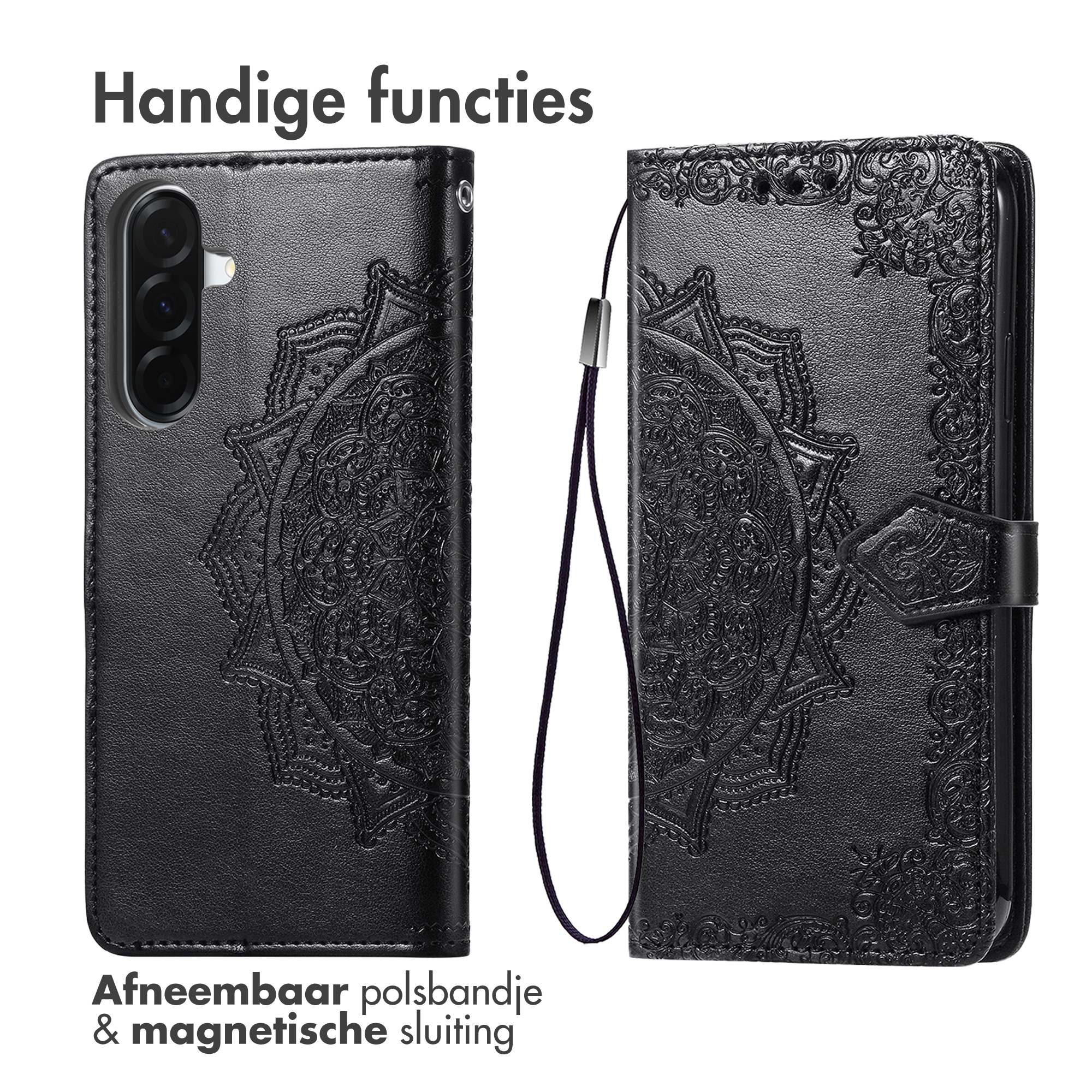 Zwarte telefoon flip case met mandala reliëf en polsbandje.