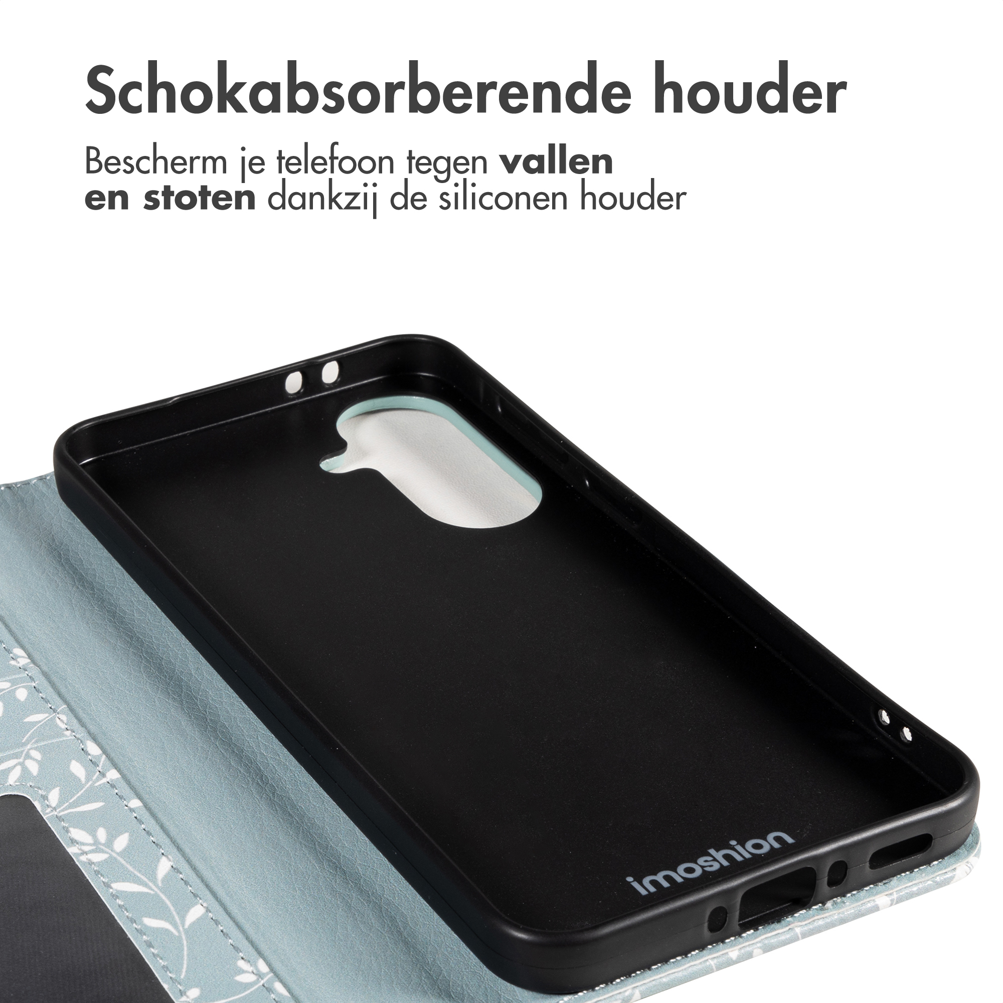 Custodia nera per telefono con flip cover a fantasia floreale blu e bianca.