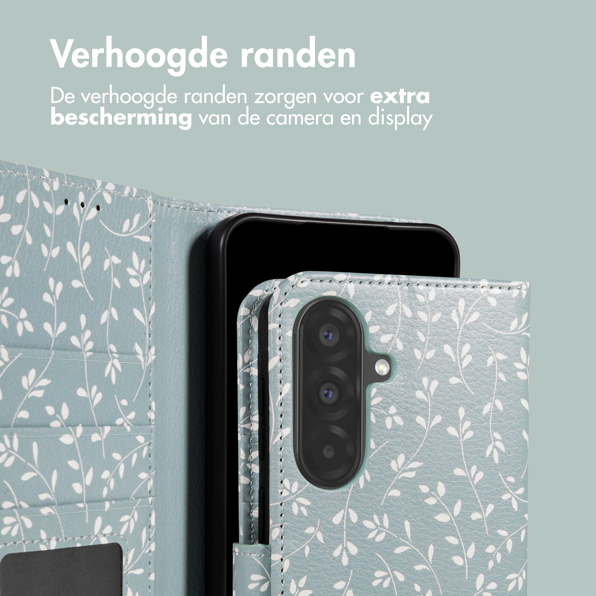 Una custodia per telefono azzurra con motivo a foglie e ritaglio fotocamera.
