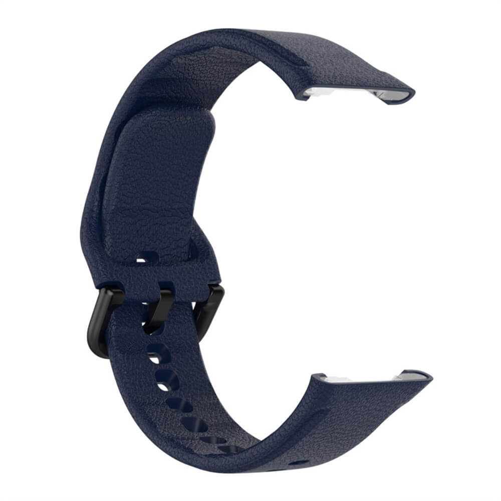 Bracelet de montre bleu foncé avec boucle noire et motif perforé.