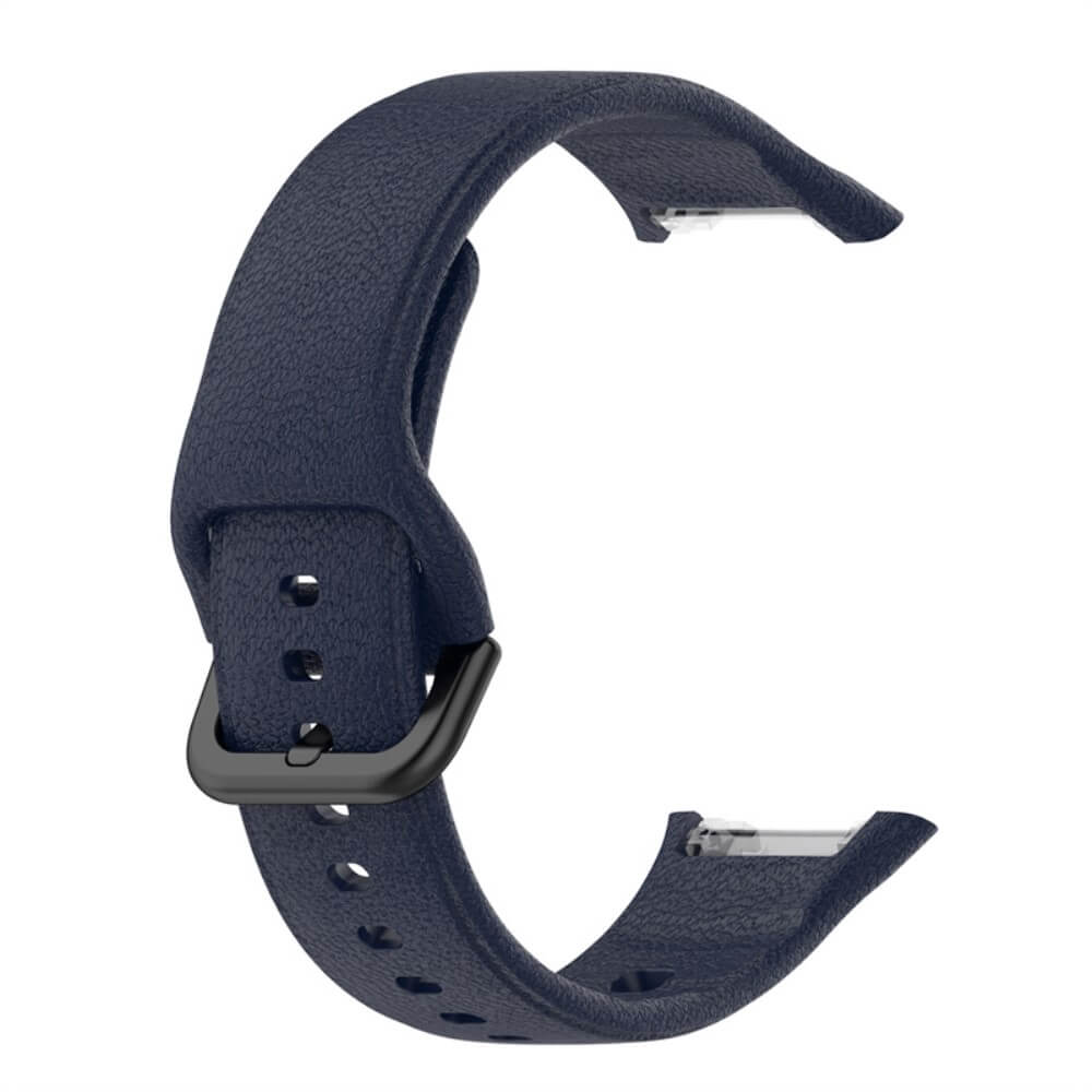 Bracelet de montre bleu foncé en similicuir avec boucle noire.