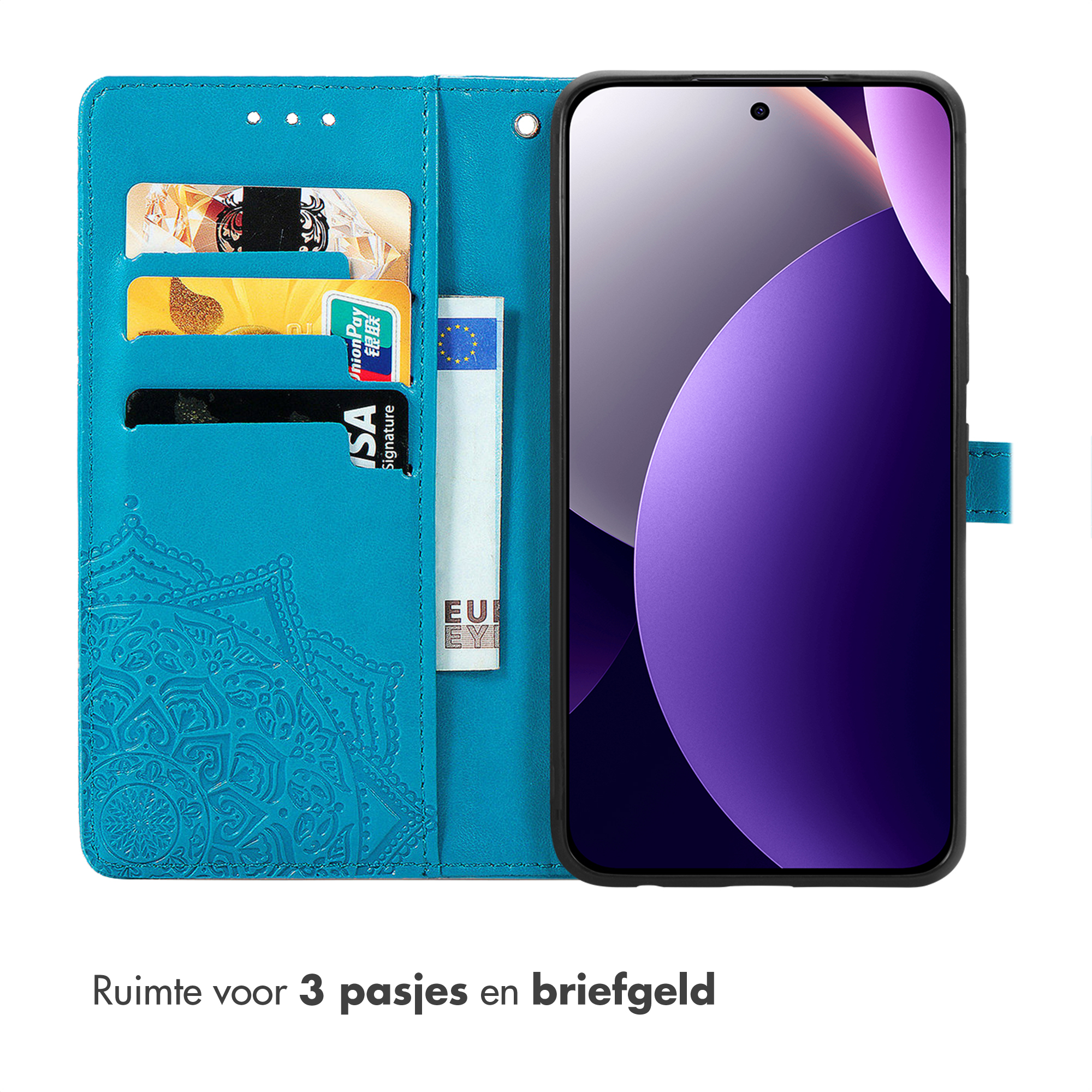 Un étui portefeuille bleu à rabat avec emplacements pour cartes et un téléphone.