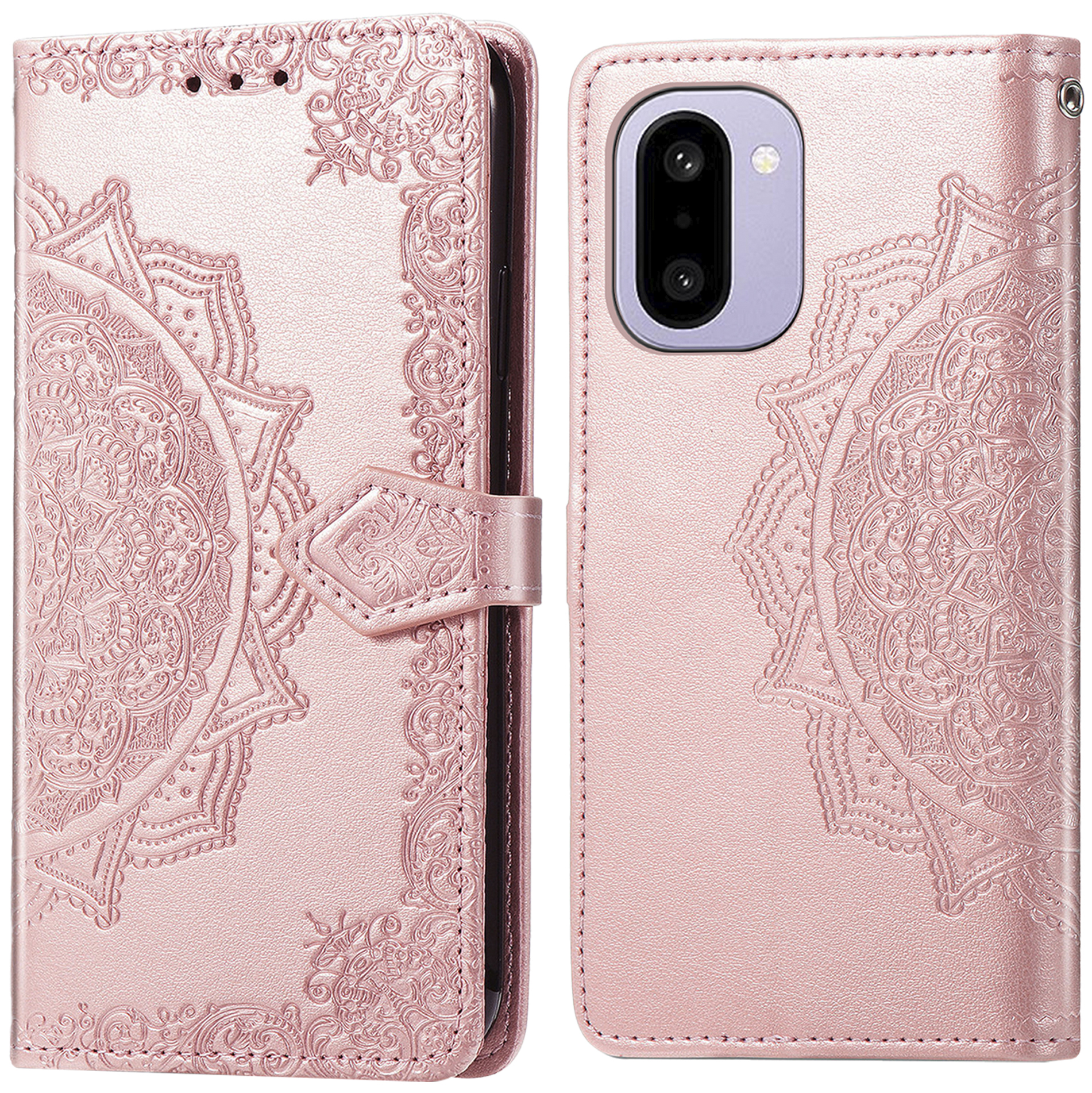 Roze telefoonhoes met reliëf mandala patroon en camera-uitsparing.