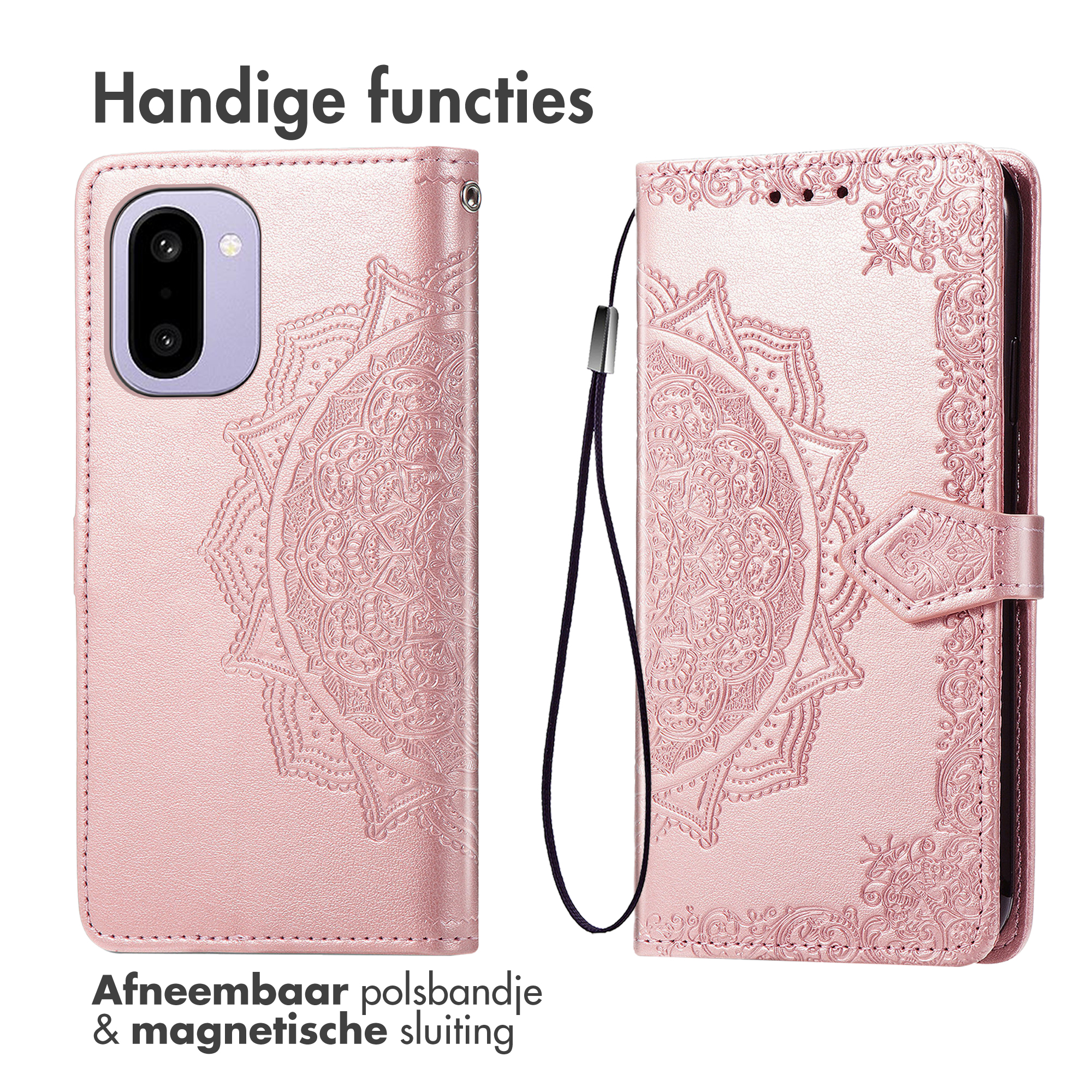 Een roze telefoonhoes met reliëf mandala-design en afneembaar bandje.