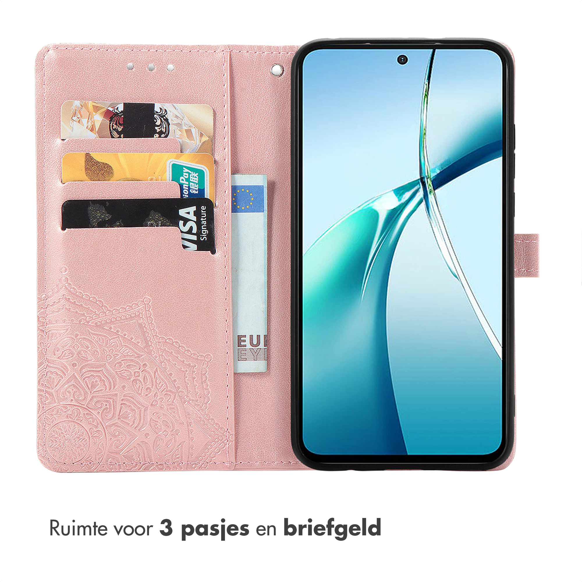 Roze telefoonhoesje met kaarthouders en geldvak. Mandala-ontwerp.