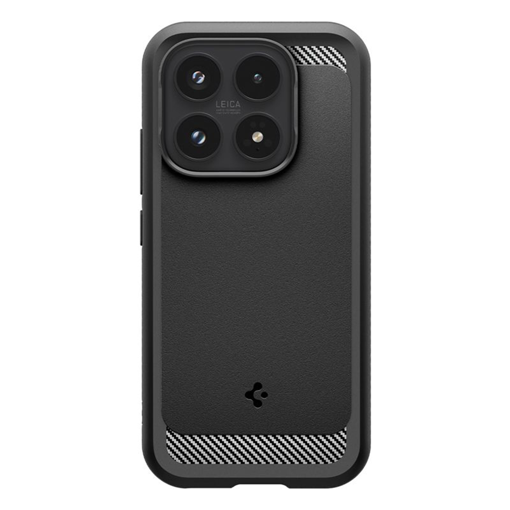 Custodia nera per telefono con quattro fotocamere e logo Leica.