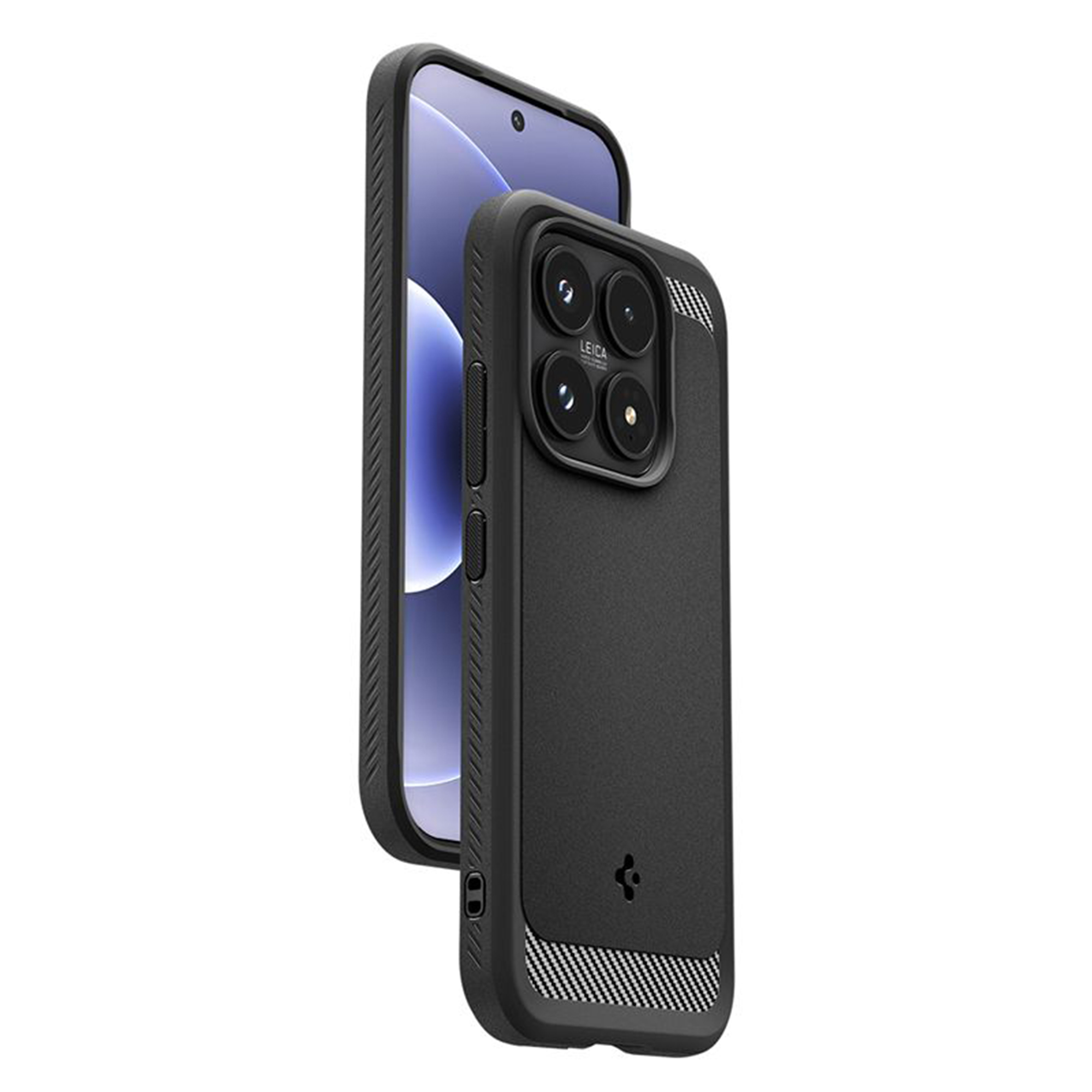 Uno smartphone nero con quattro fotocamere e logo Leica, protetto da cover.