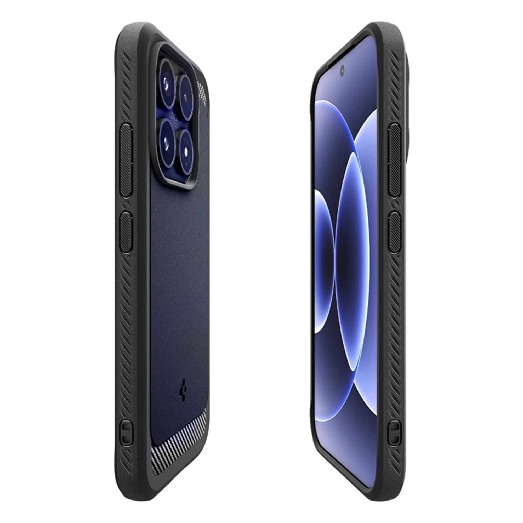 Due smartphone in custodie nere, uno mostra il retro con fotocamere, l'altro lo schermo.