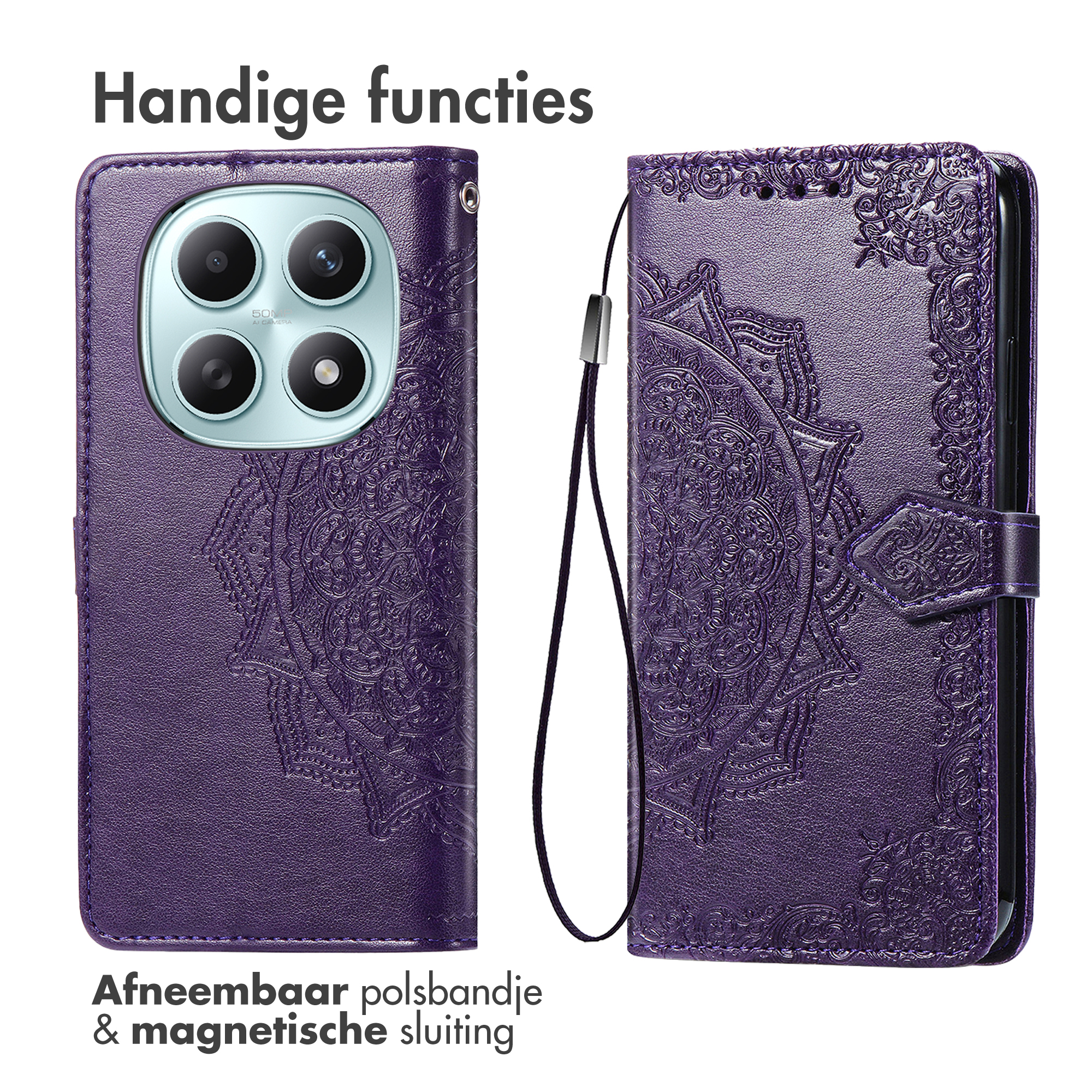 Custodia viola per telefono con motivo mandala, cinturino staccabile e chiusura magnetica.
