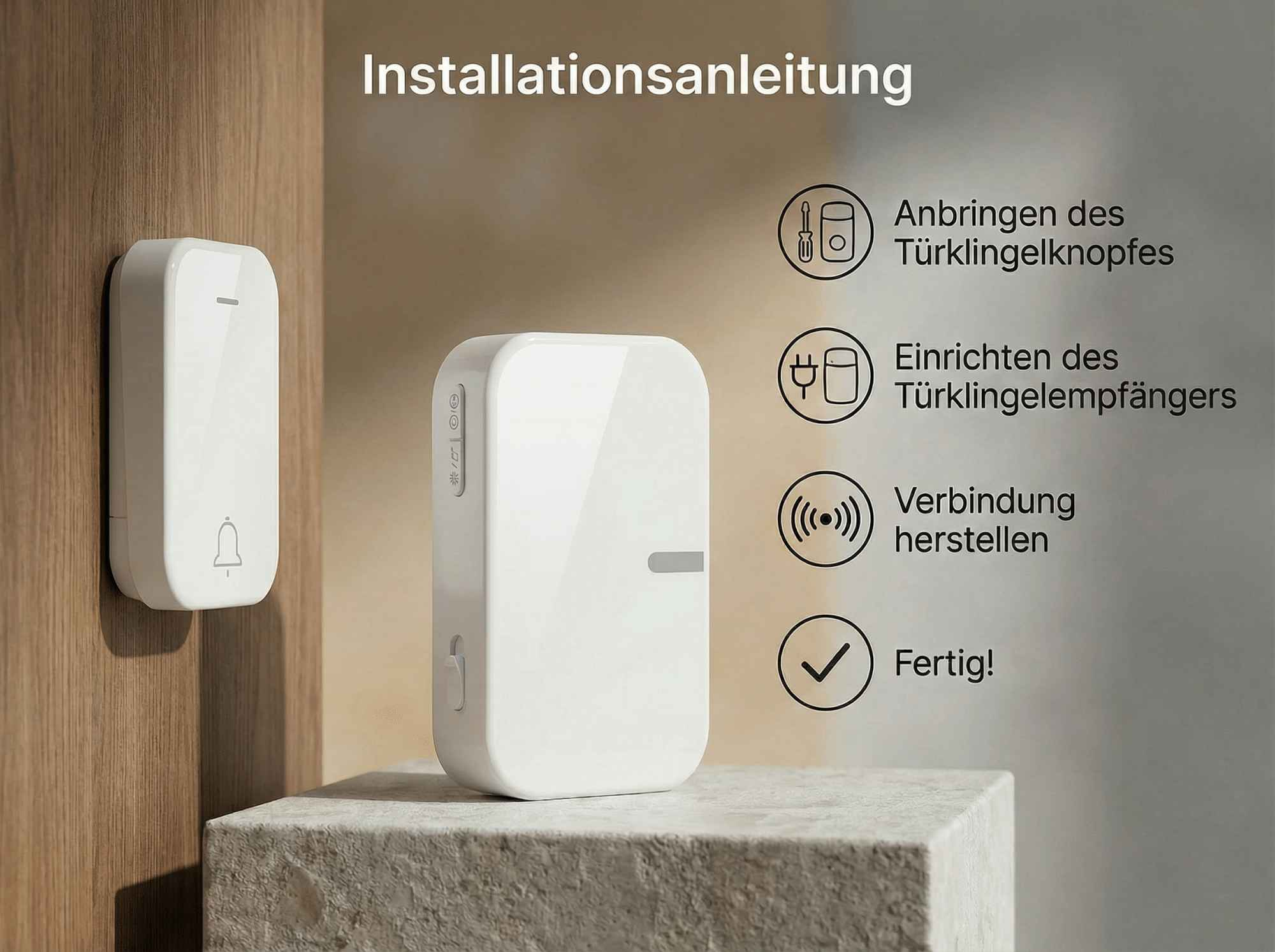 Weiße Türklingel und Empfänger auf Stein und Holz, Installationsanleitung.