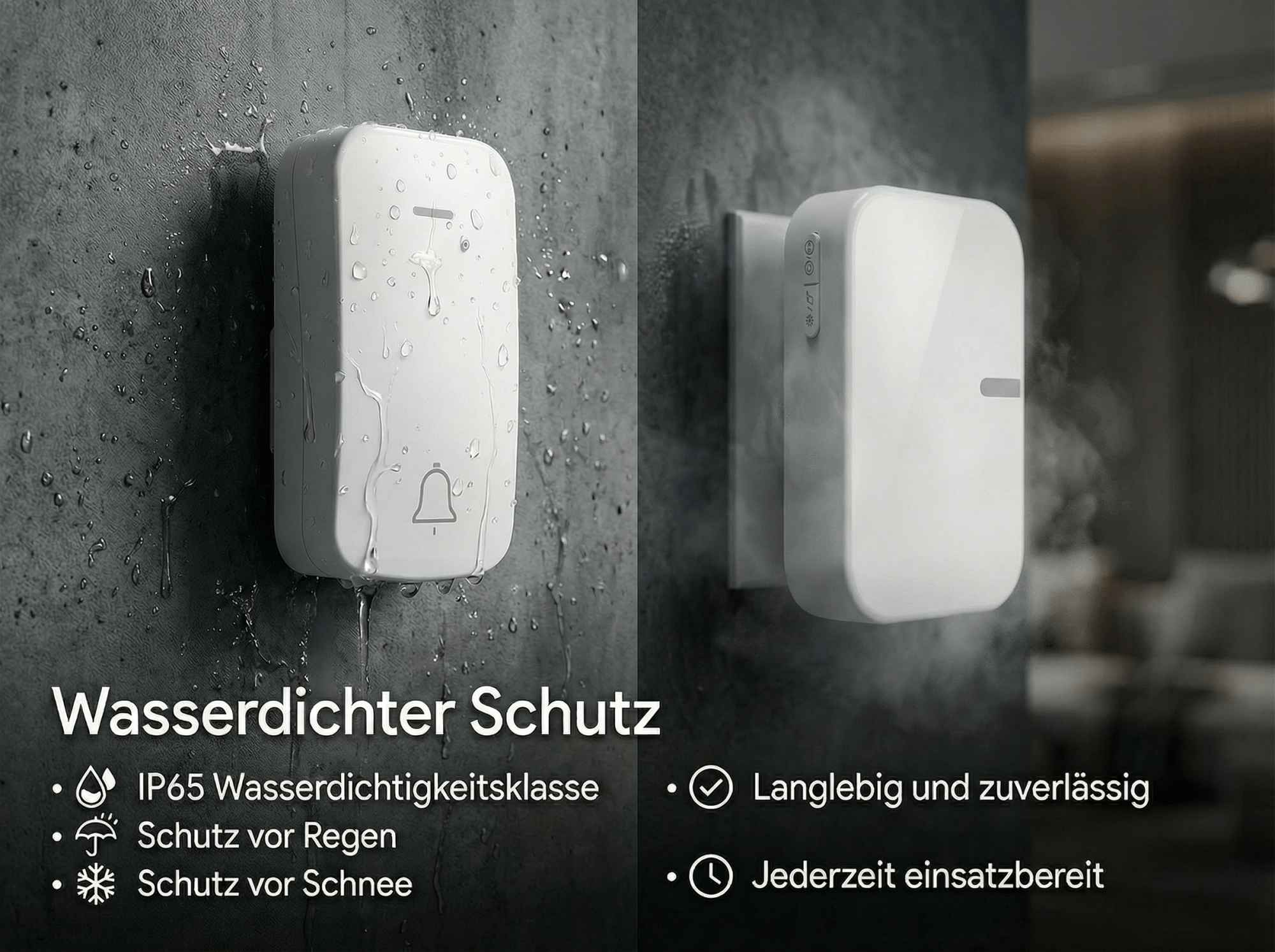 Zwei weiße, wasserdichte Klingelknöpfe an einer Wand mit Wassertropfen.