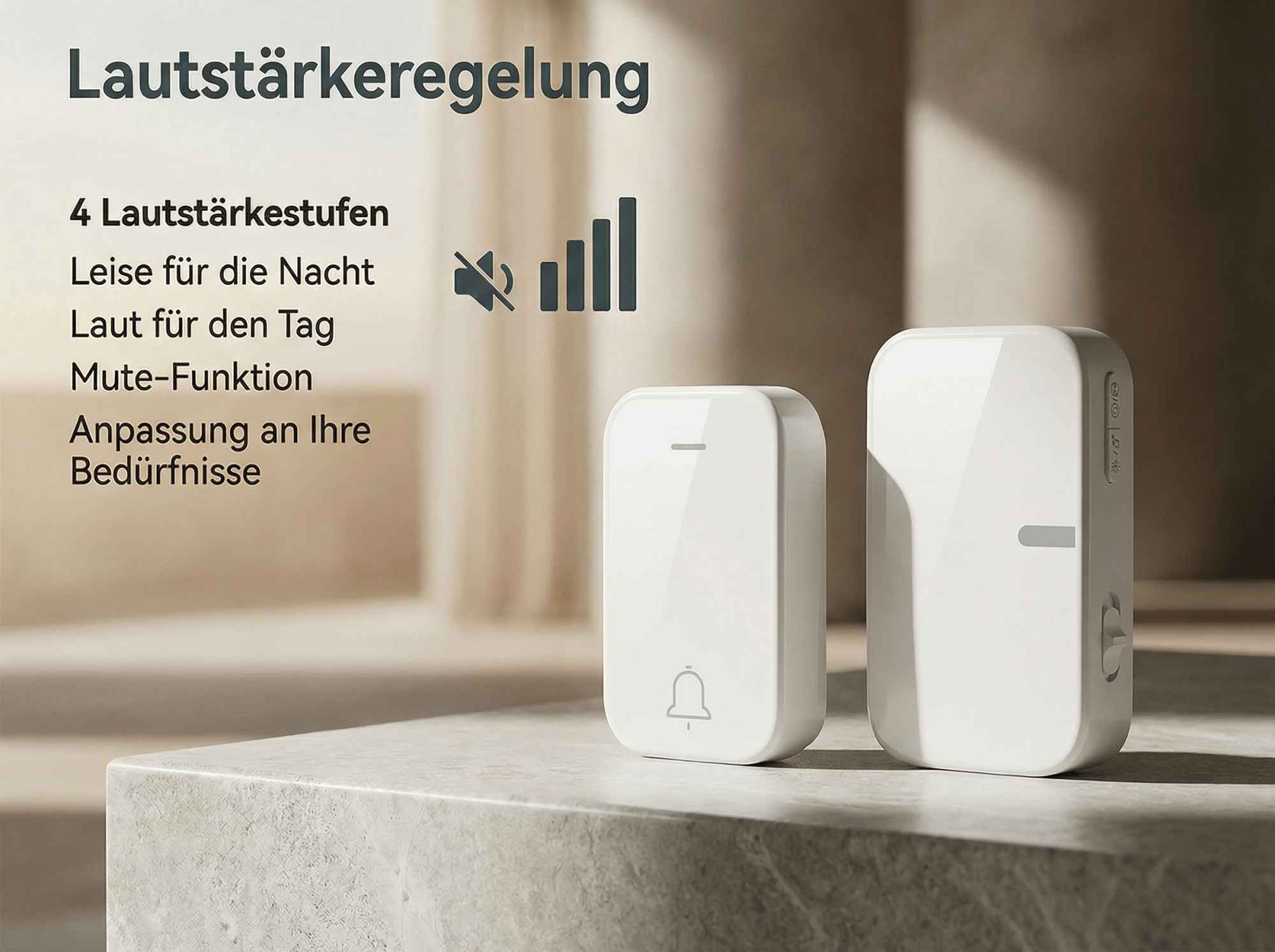 Zwei weiße Türklingel-Sender mit Lautstärkeeinstellungen und Symbolen.