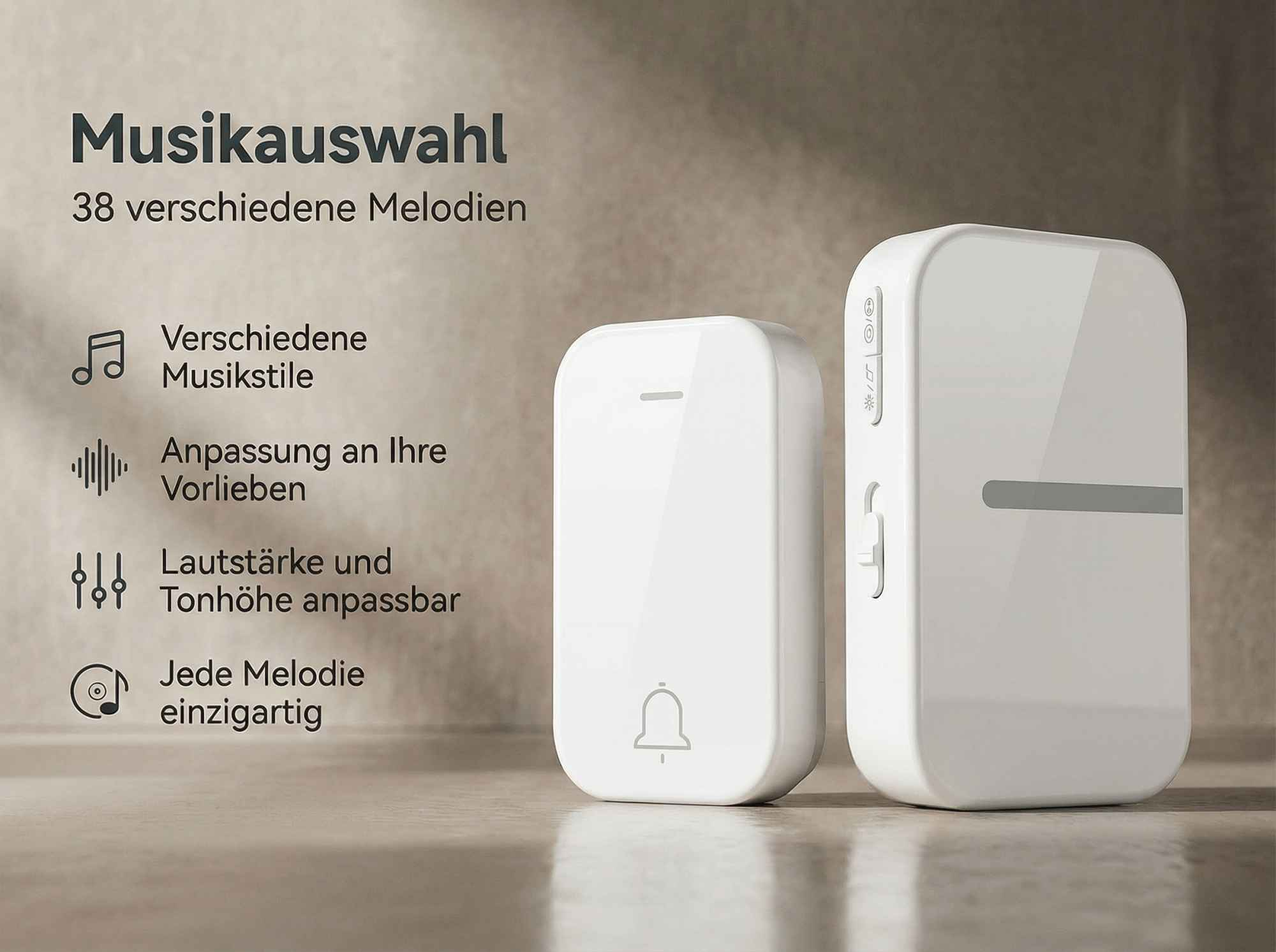 Zwei weiße Funkgongs nebeneinander mit Text über Musikauswahl.