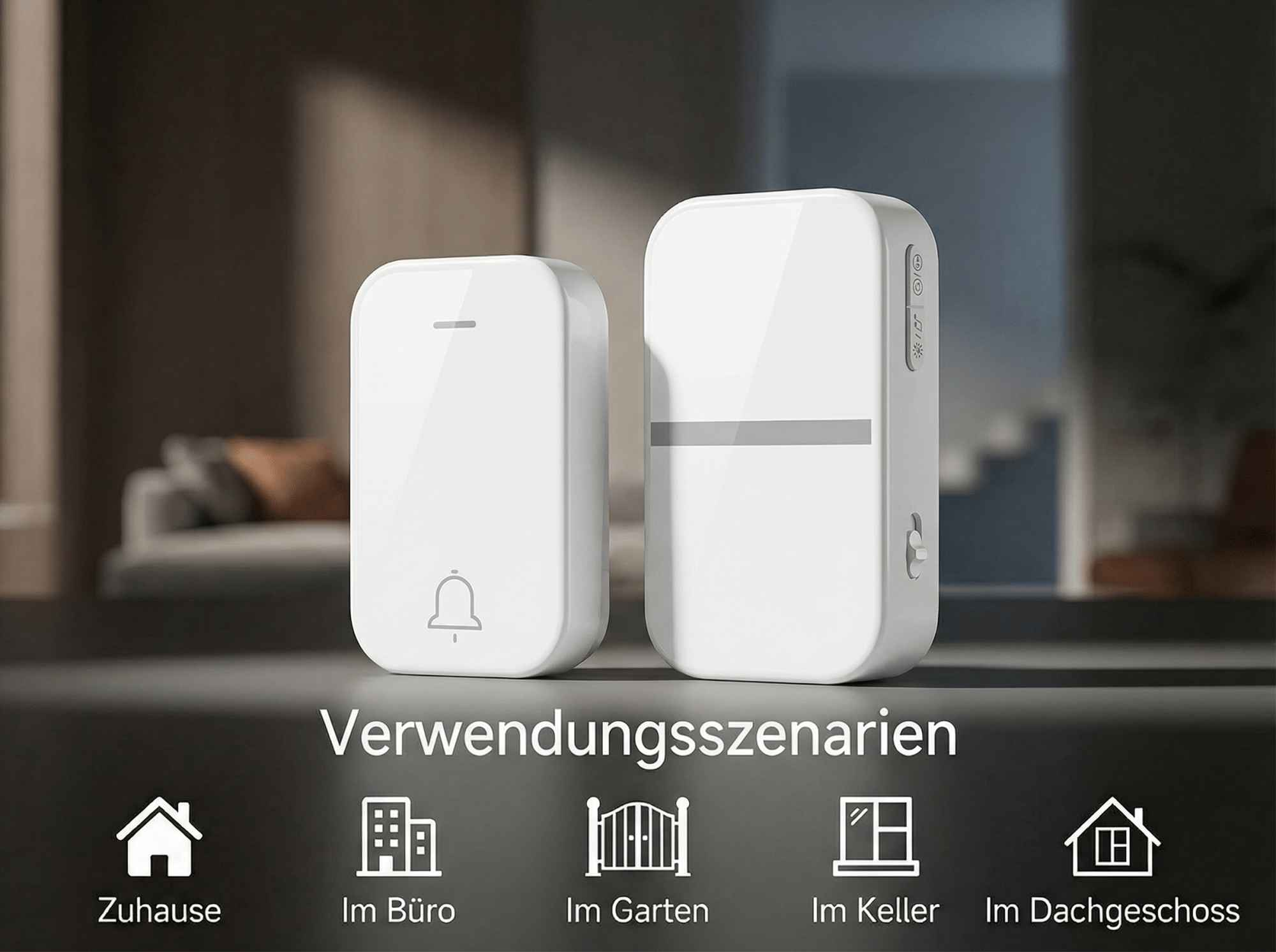 Zwei weiße Türklingeln mit Symbolen für Zuhause, Büro, Garten, Keller, Dachgeschoss.