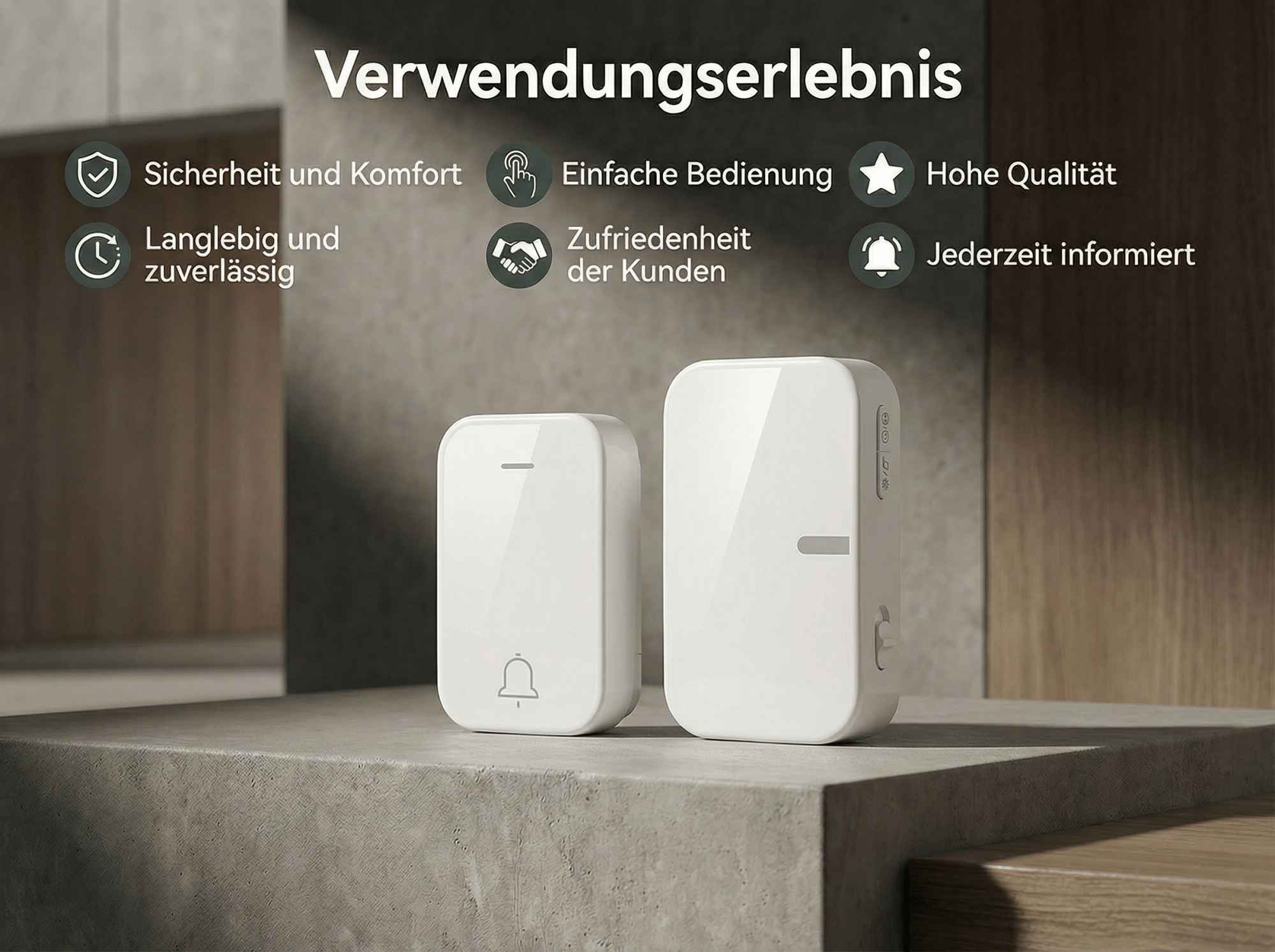 Zwei weiße Türklingel-Sender auf einer Betonoberfläche, mit Text.