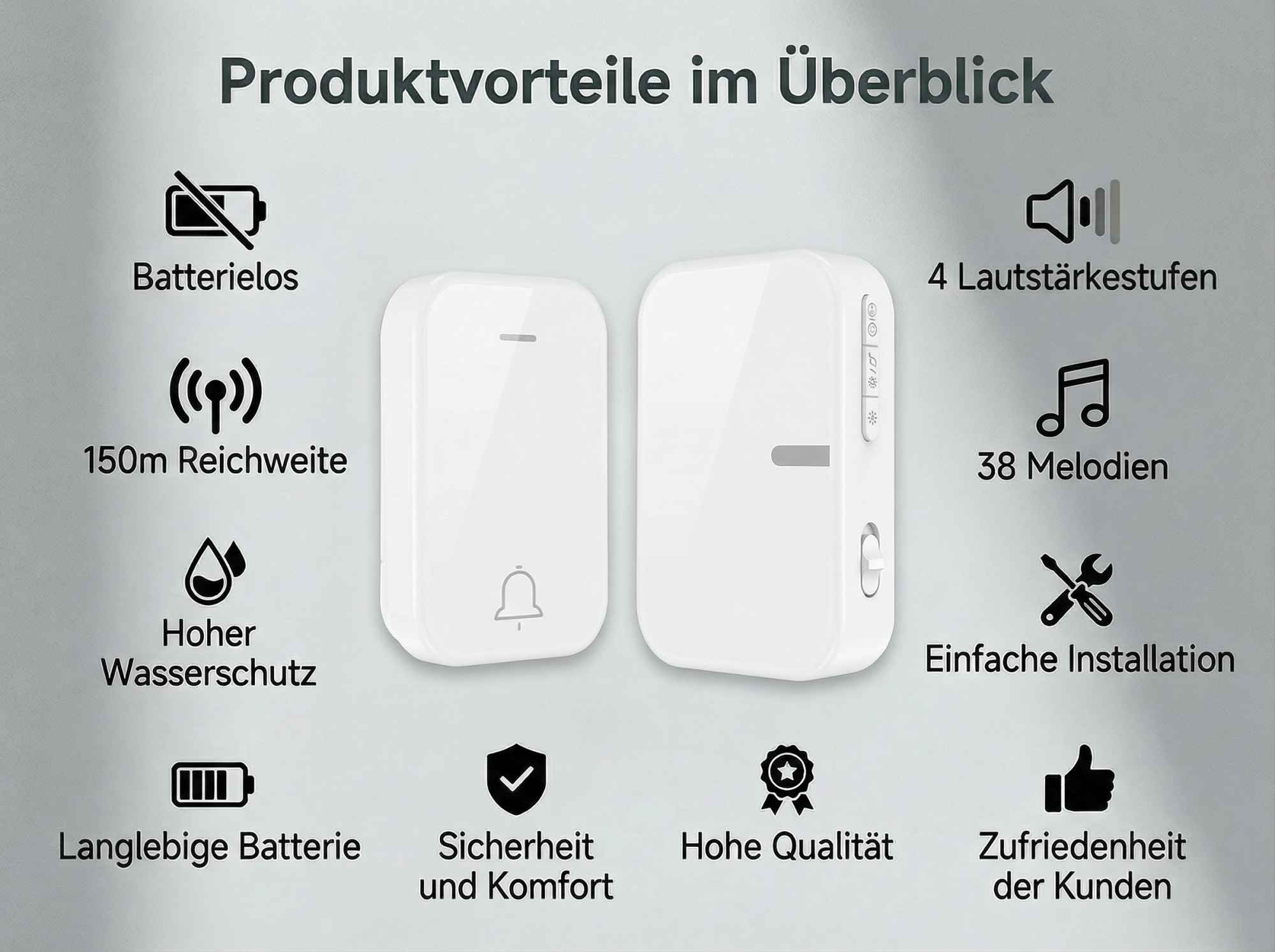 Produktübersicht: kabellos, 150m Reichweite, wasserdicht, lange Batterie.