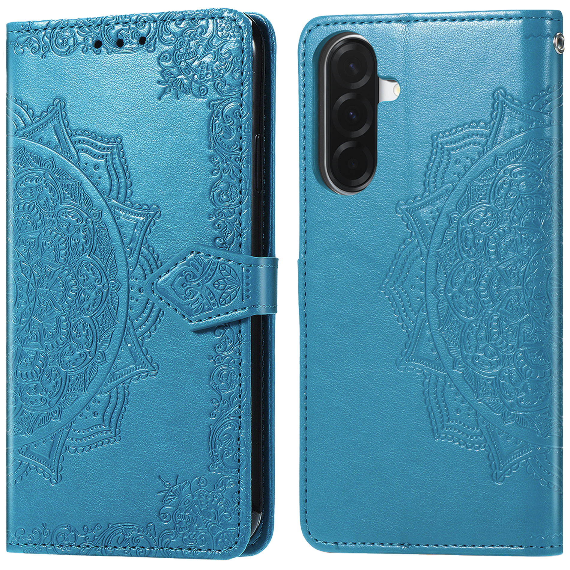 Een blauwe telefoonhoes met mandalapatroon, in boekstijl.