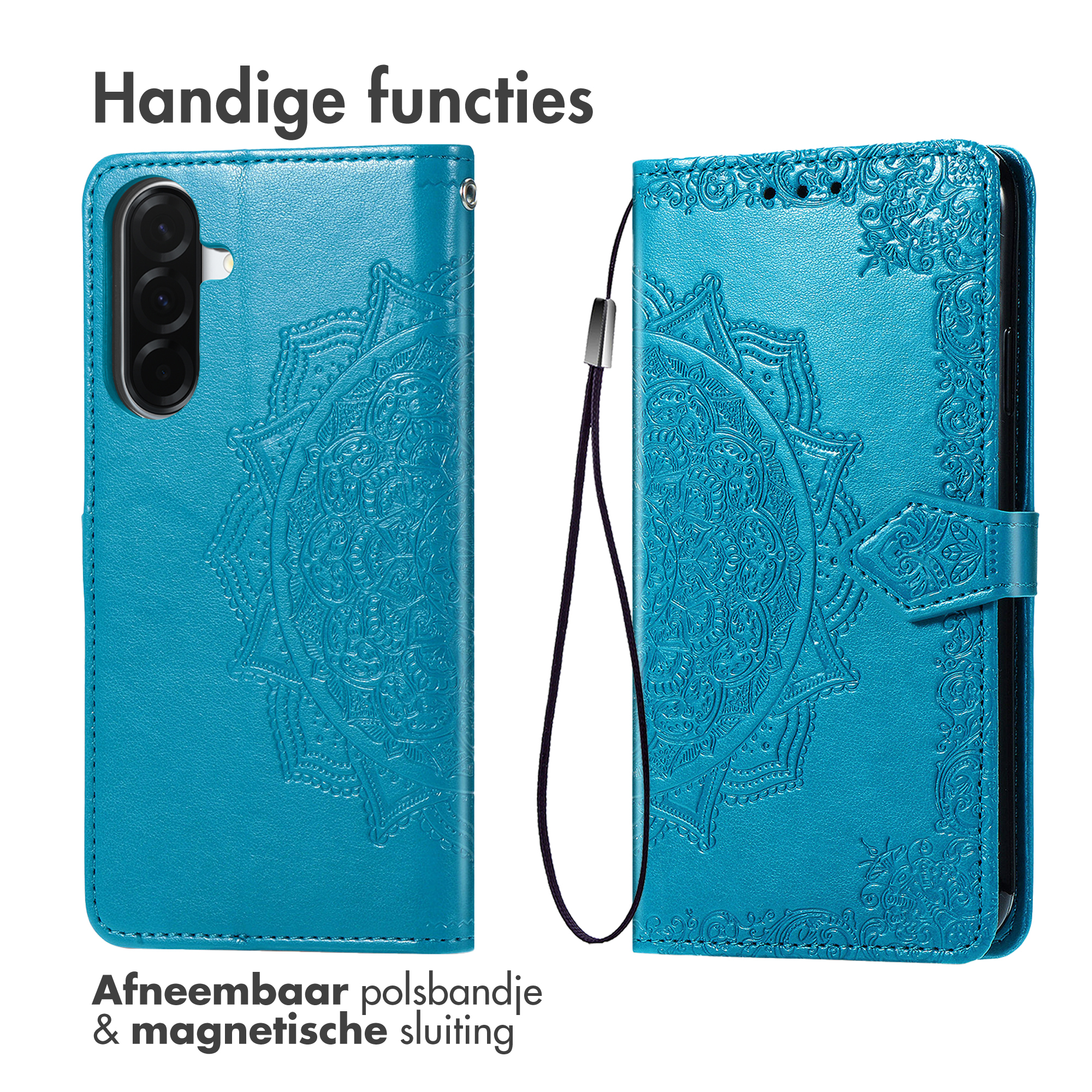 Blauw telefoonhoesje met reliëf mandala, camerarand en riempje.