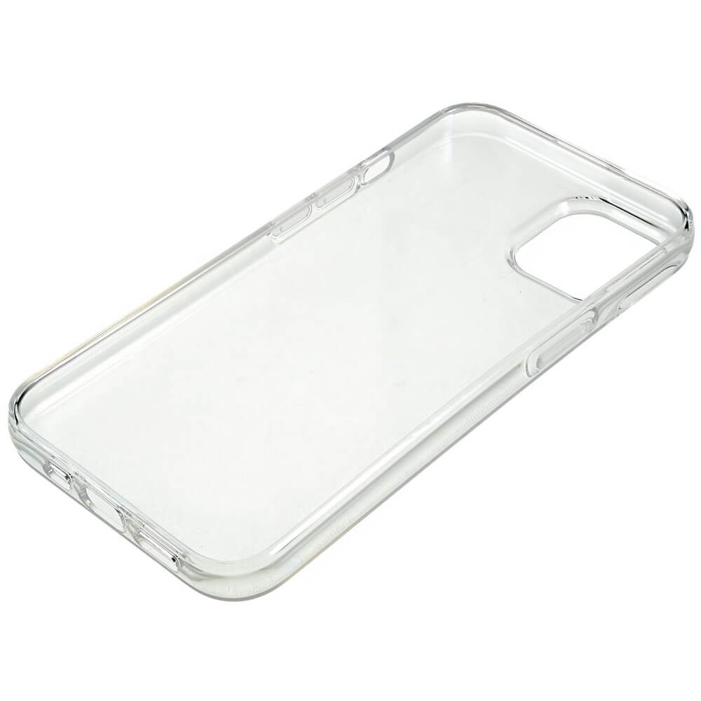 Custodia trasparente in silicone per telefono con ritagli per fotocamera e pulsanti.
