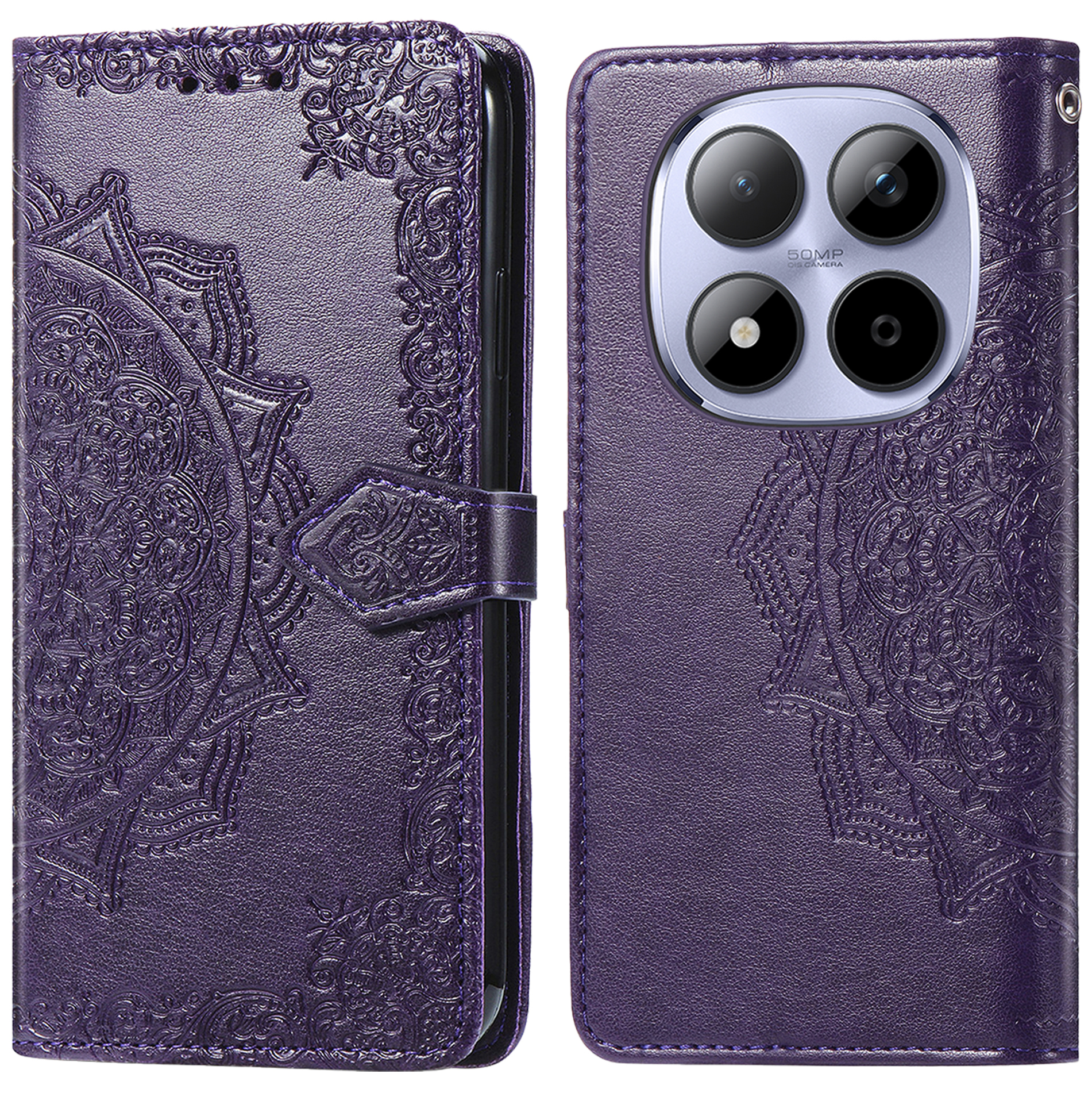 Étui de téléphone violet avec motif mandala et configuration quad caméra.