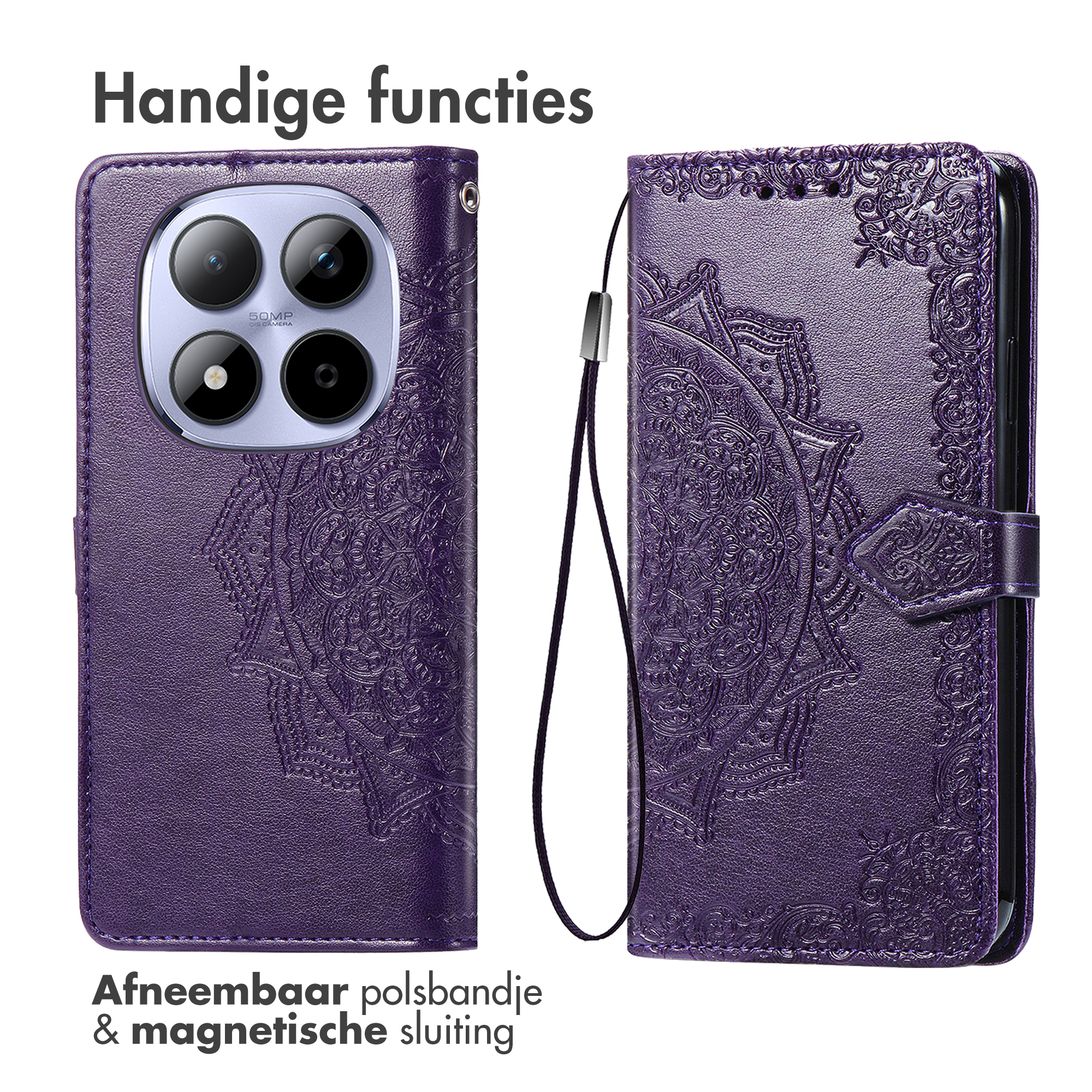 Étui violet pour téléphone avec mandala en relief, découpe caméra et dragonne.