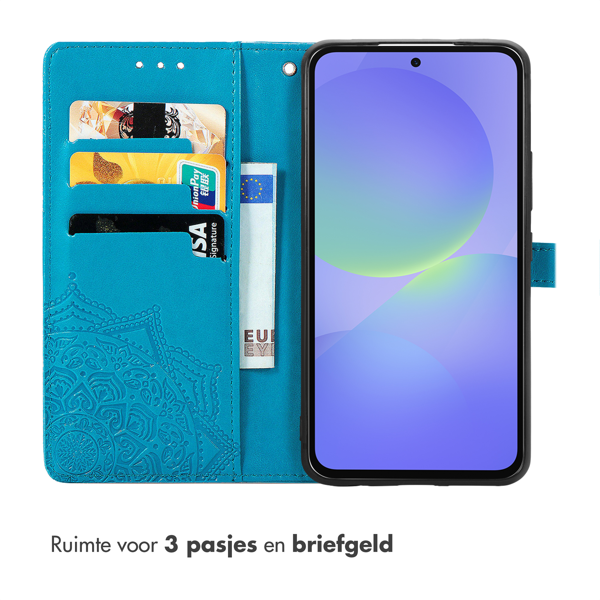 Turquoise telefoonhoesje met kaarthouders en mandala-reliëf.