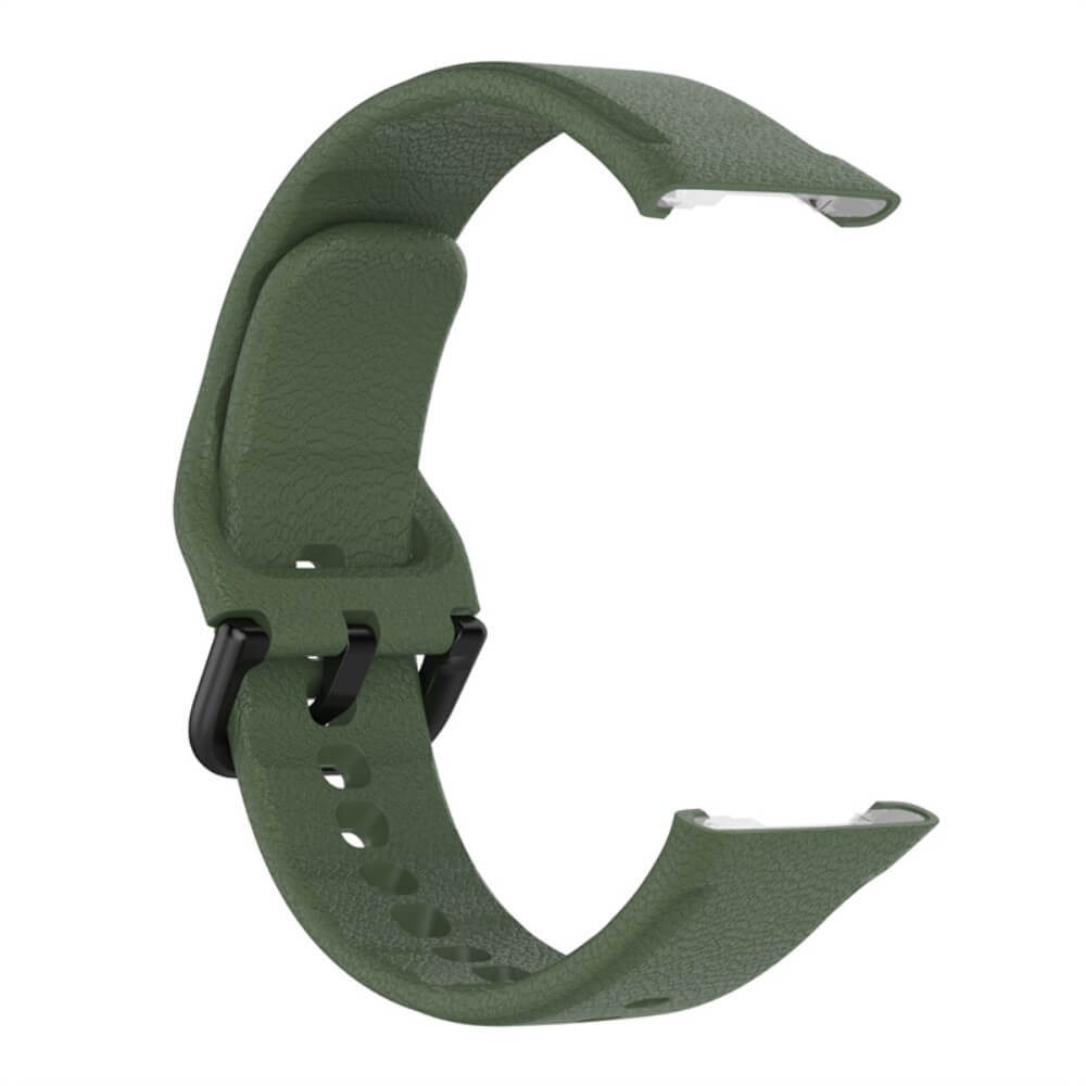 Un bracelet de montre vert foncé avec boucle noire et connecteurs argentés.