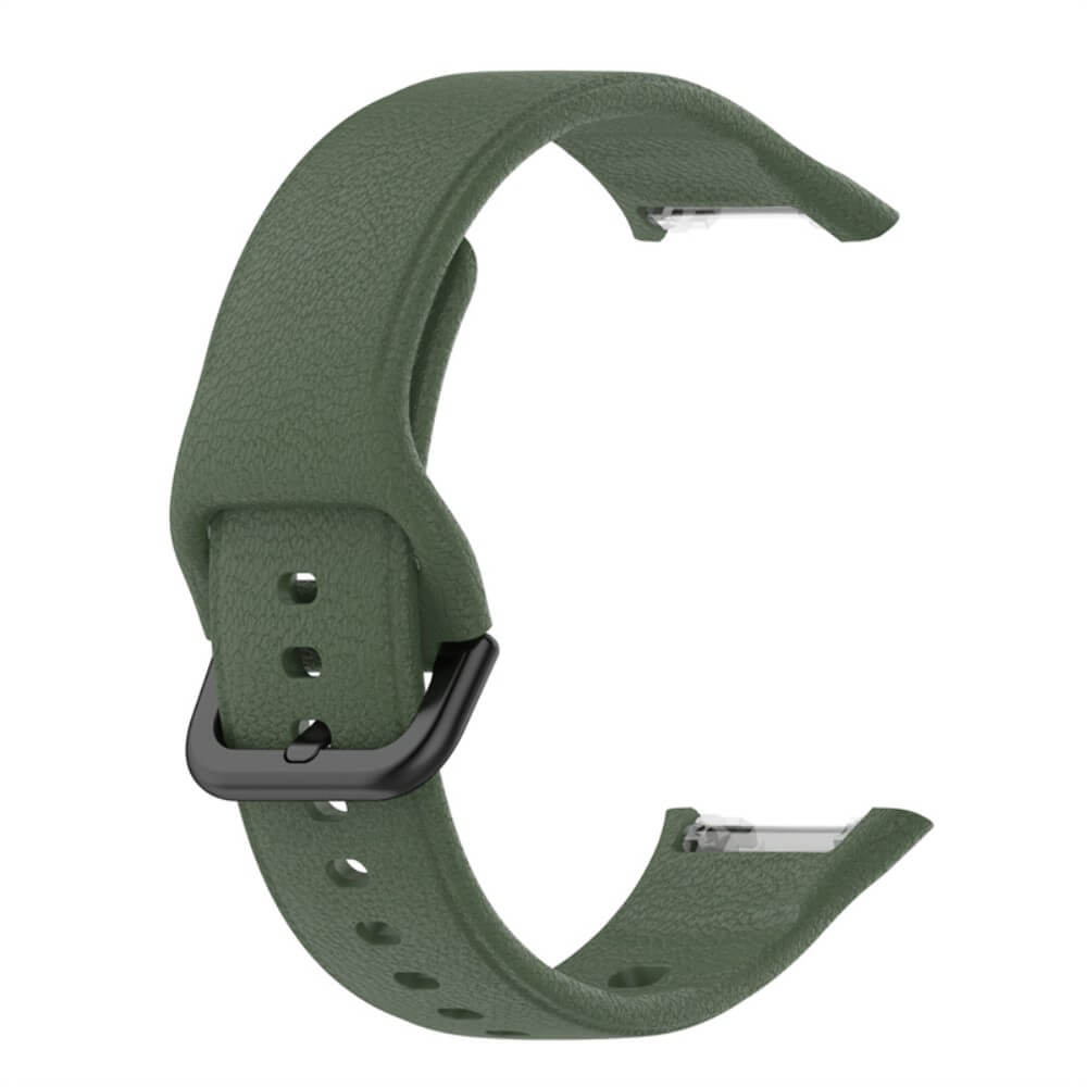 Un bracelet de montre vert foncé avec boucle noire sur fond blanc.