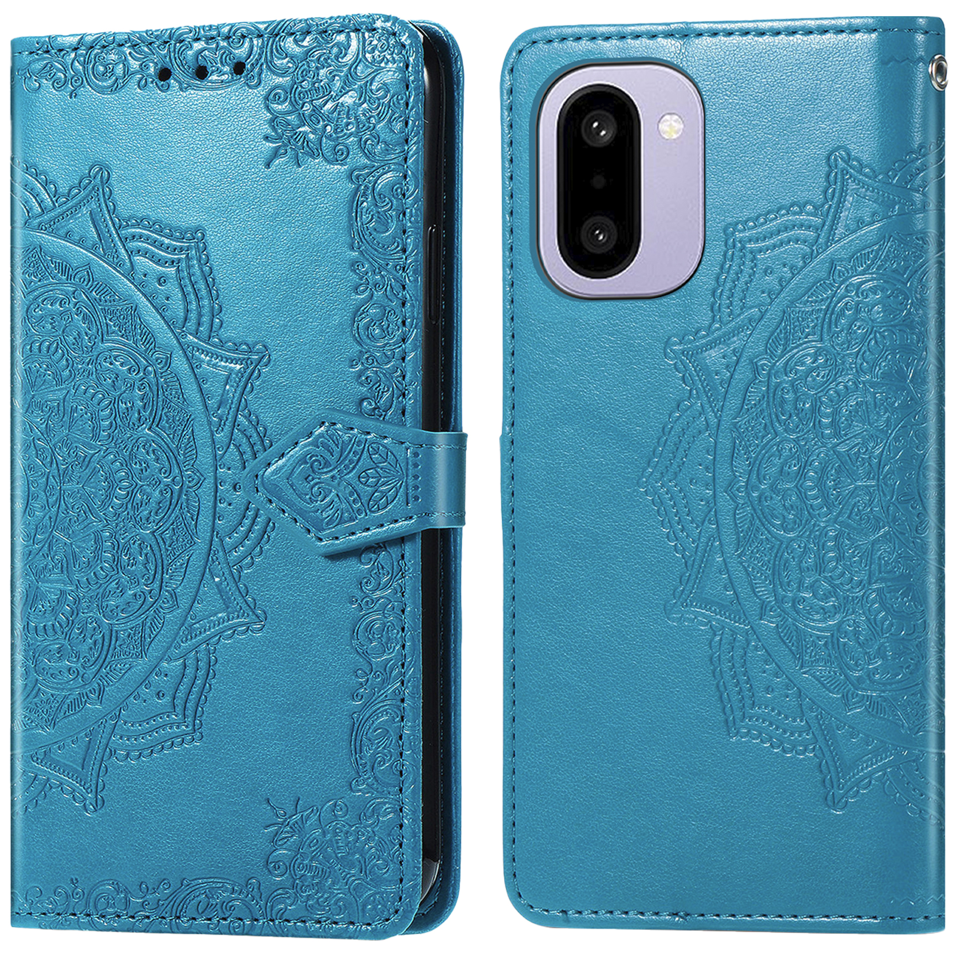Turquoise telefoonhoesje met mandala patroon, open getoond.