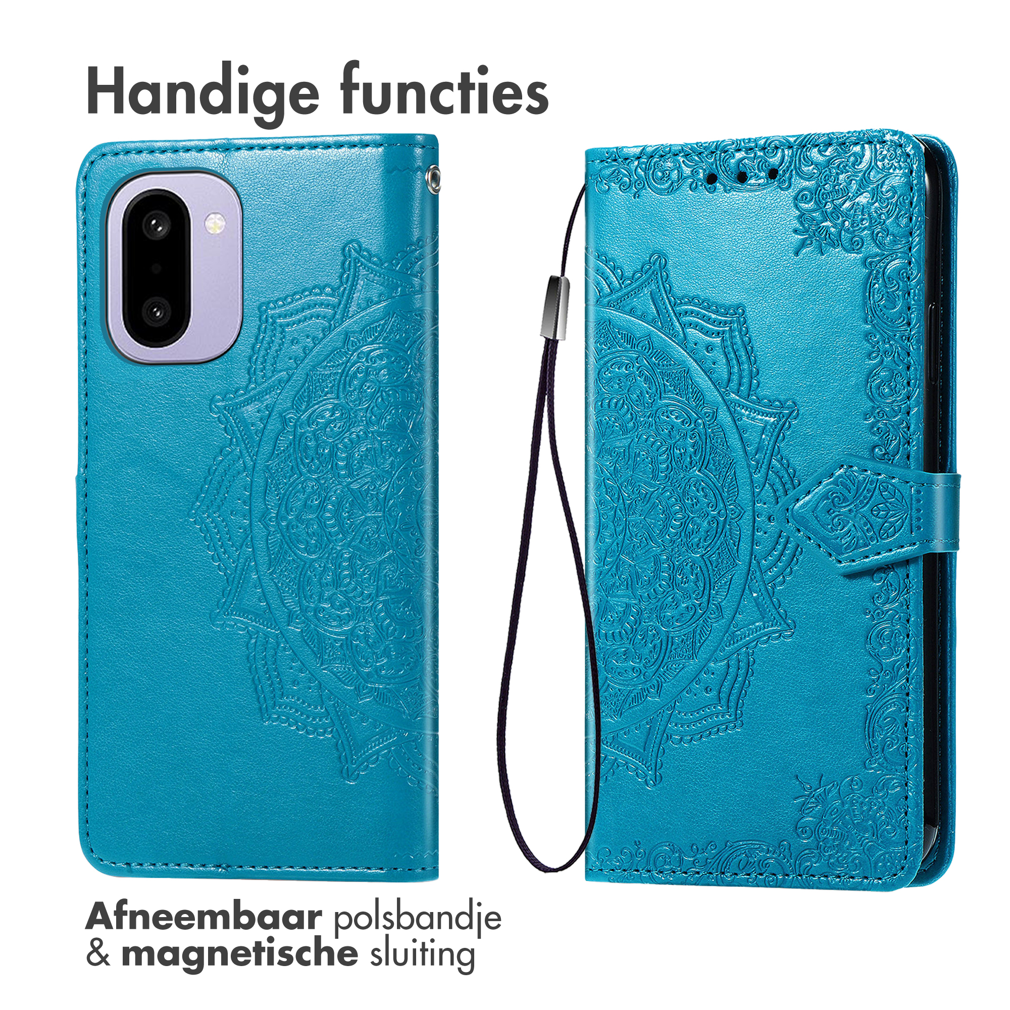 Turquoise telefoonhoes met reliëf mandala, afneembare polsband en magnetische sluiting.