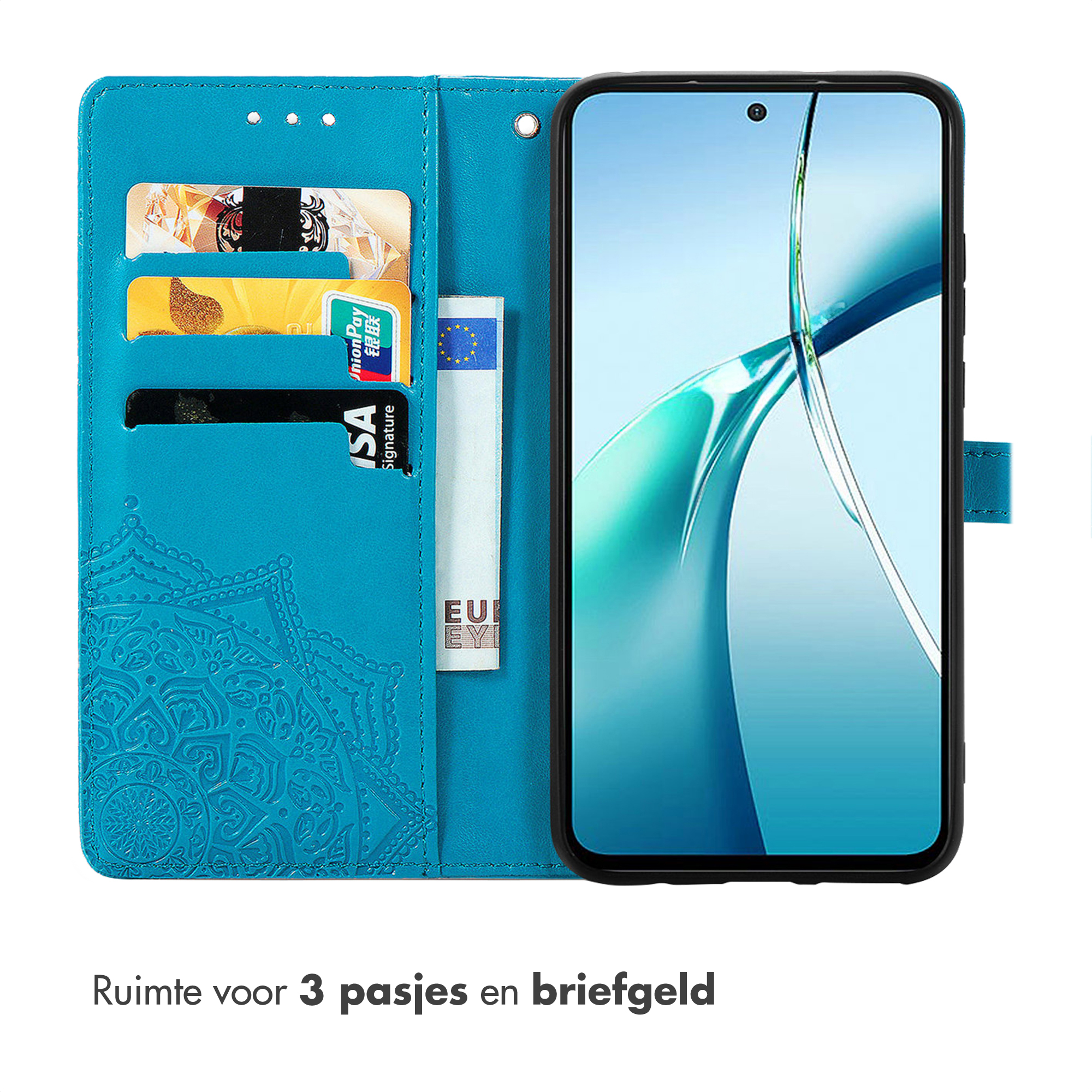 Turquoise telefoonhoes met kaarthouders en telefoon display.