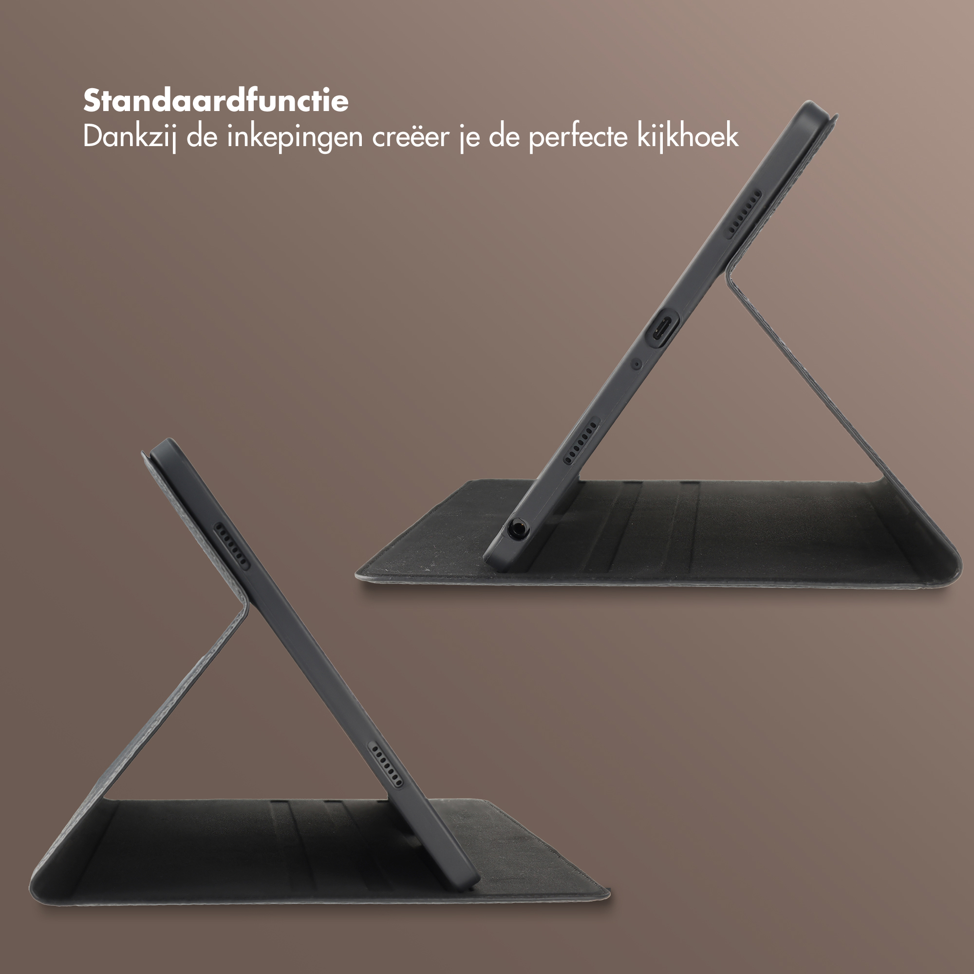Une tablette noire dans un étui avec fonction de support est montrée.