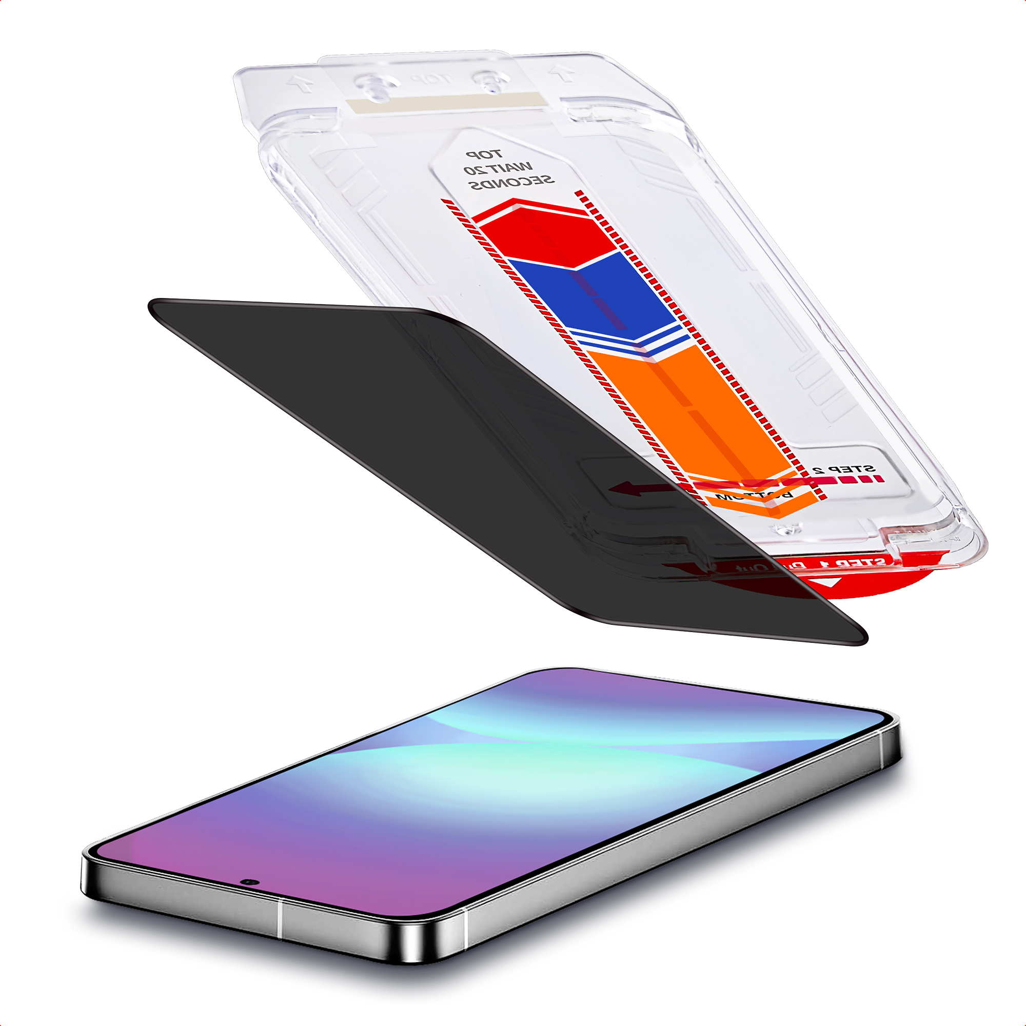 Smartphone avec applicateur de protecteur d'écran et film noir.