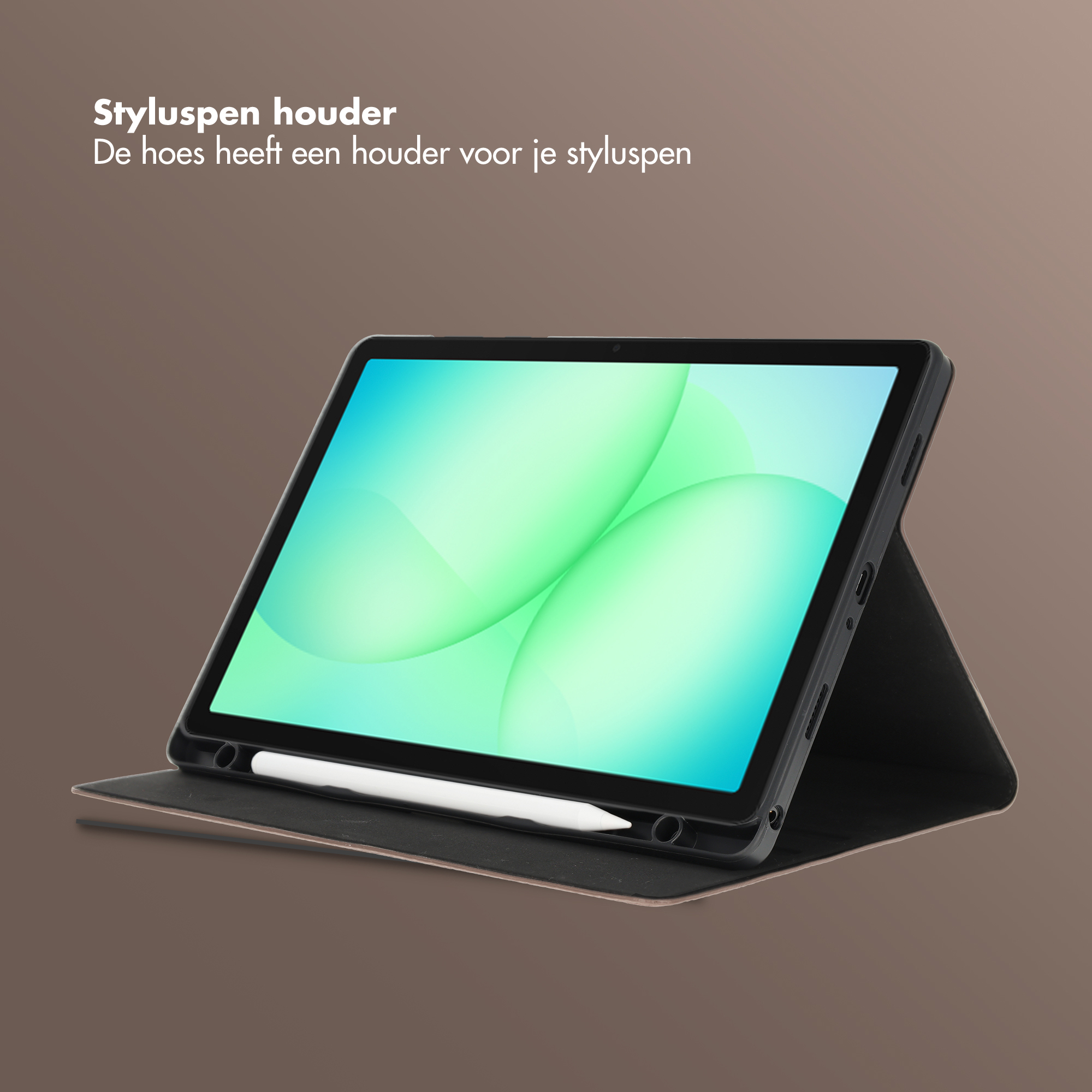Une tablette avec support pour stylet, affichée sur fond marron.