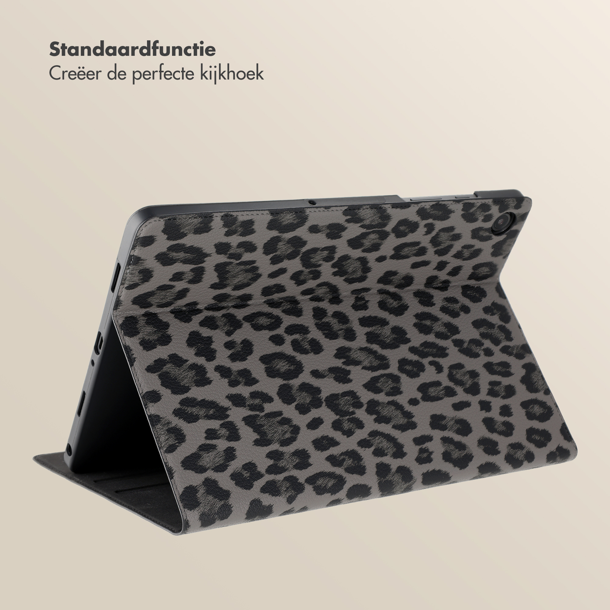 A tablet with a leopard print case stands upright to function as a stand.
