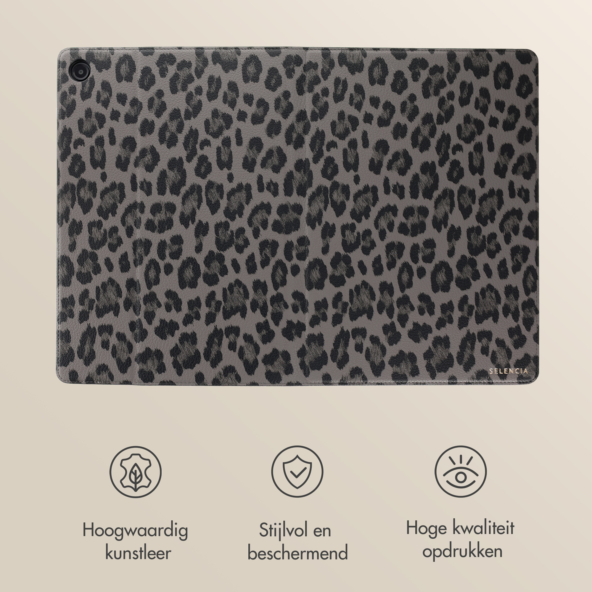 Gray tablet case with leopard print, camera cutout top left.