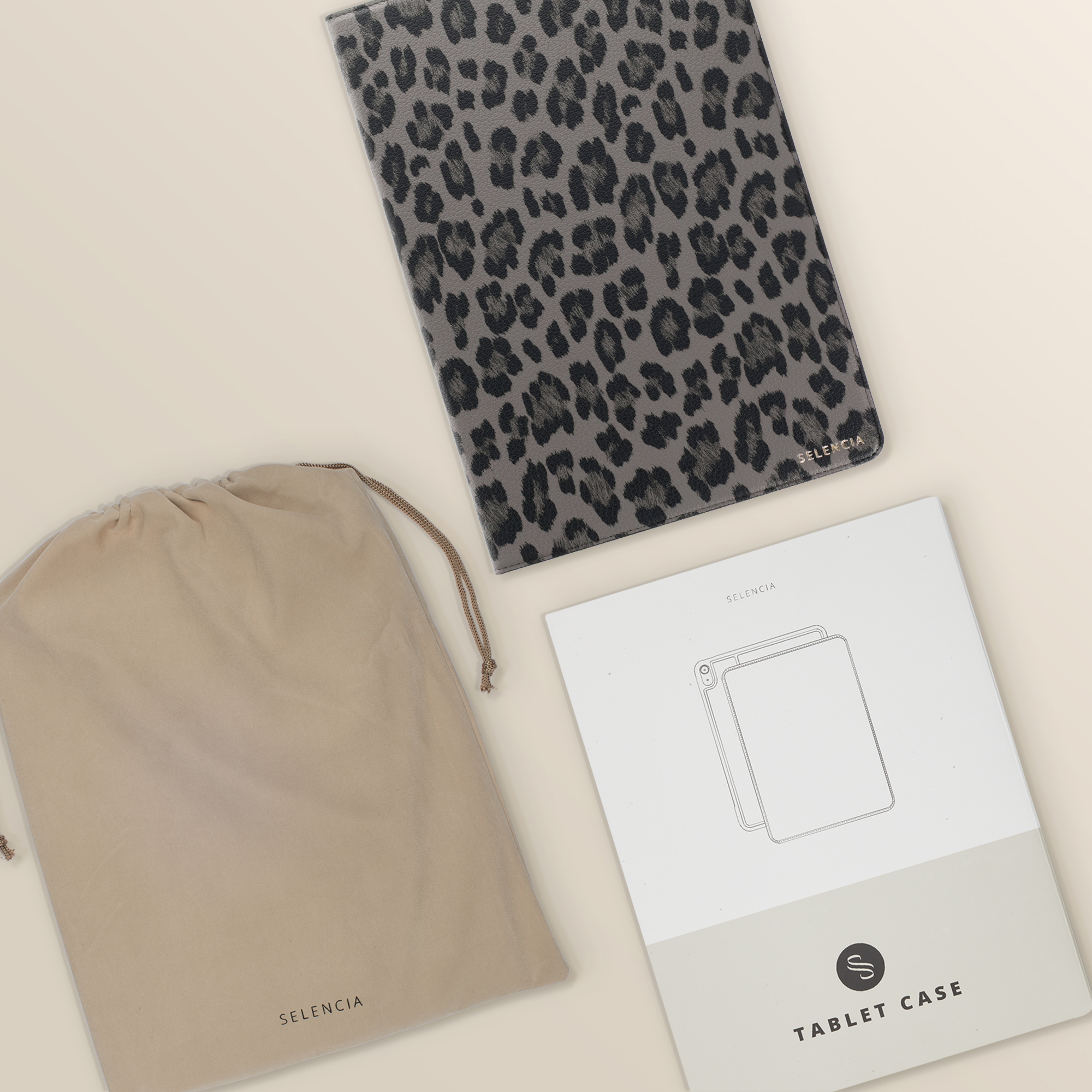 Gray leopard print case, beige pouch, and instructions on a neutral background.