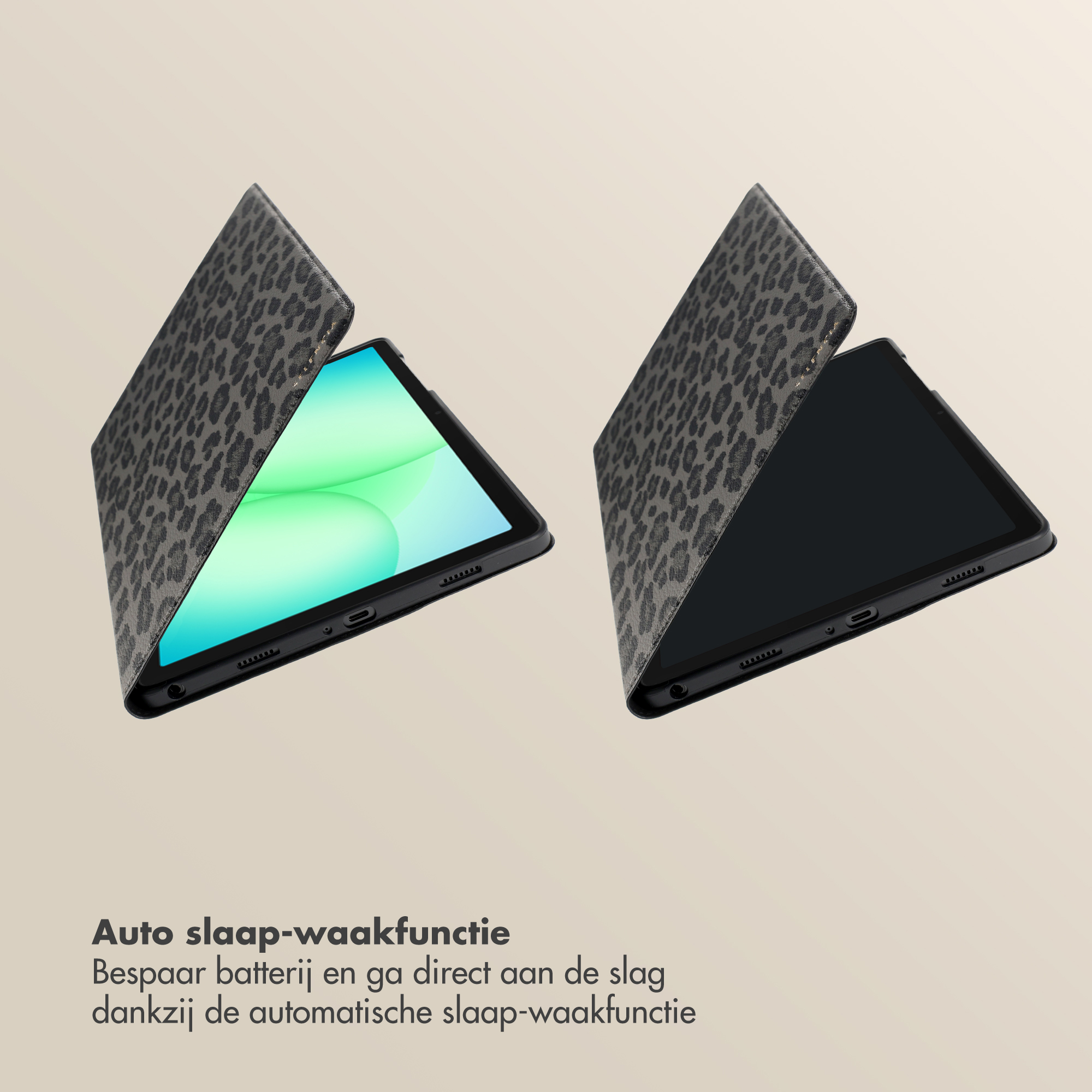 Two tablets with leopard print covers. One is open showing screen, one is closed.