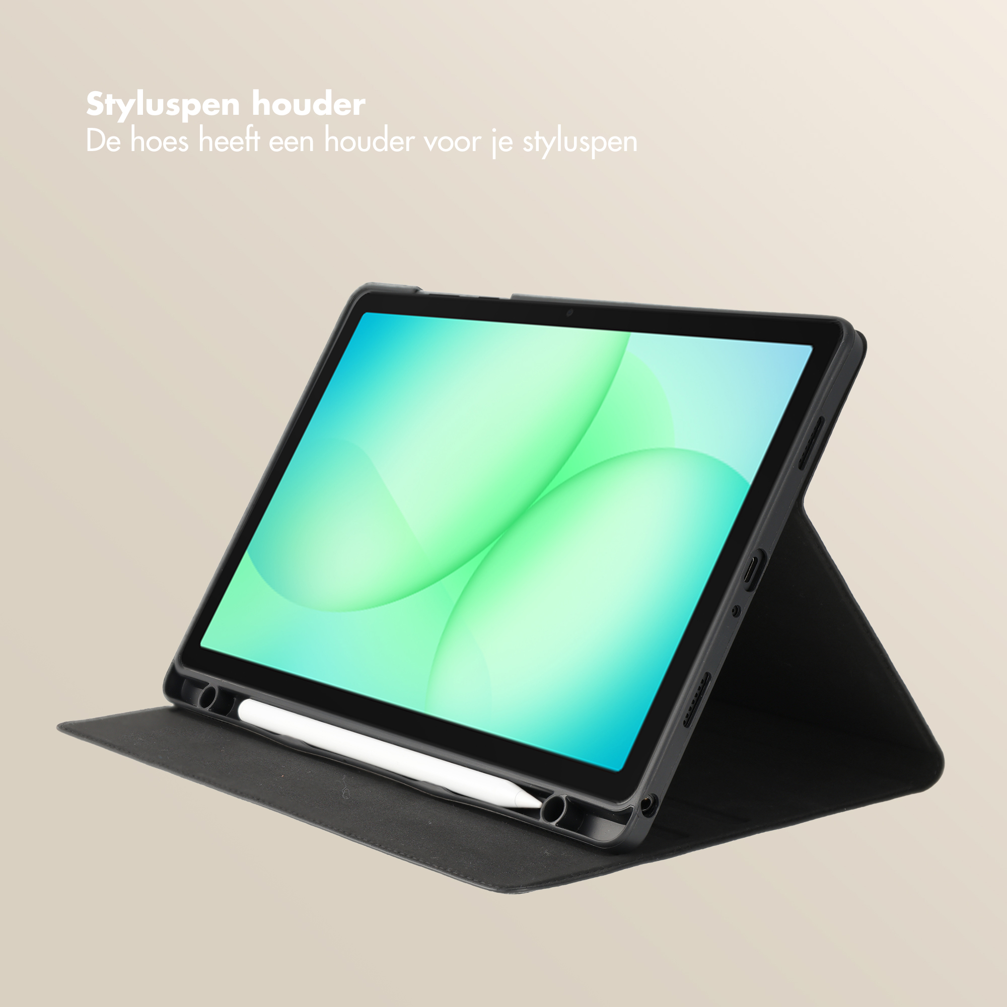 A black tablet in a case with a stylus holder, displaying a green abstract wallpaper.